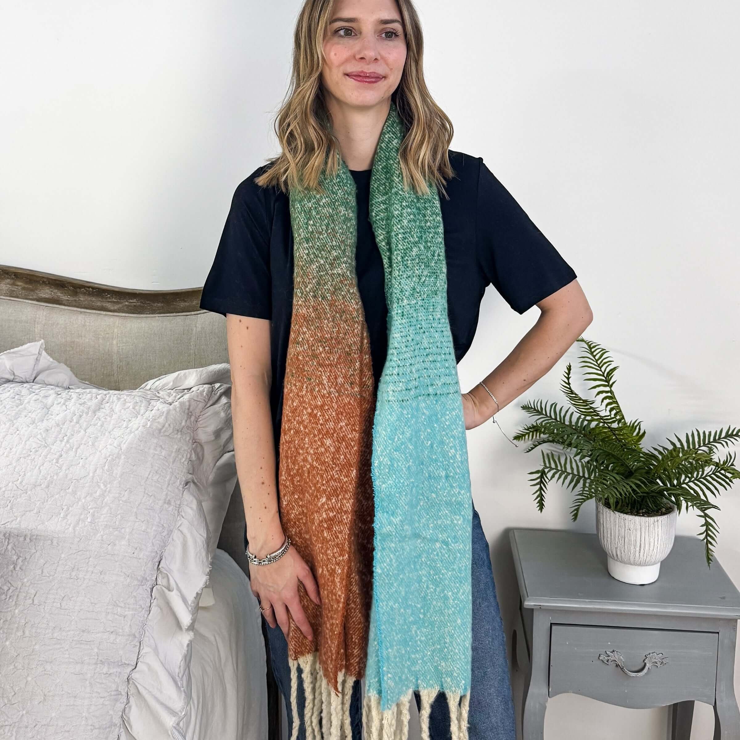 green ombre acrylic soft oversized blanket scarf with tassles