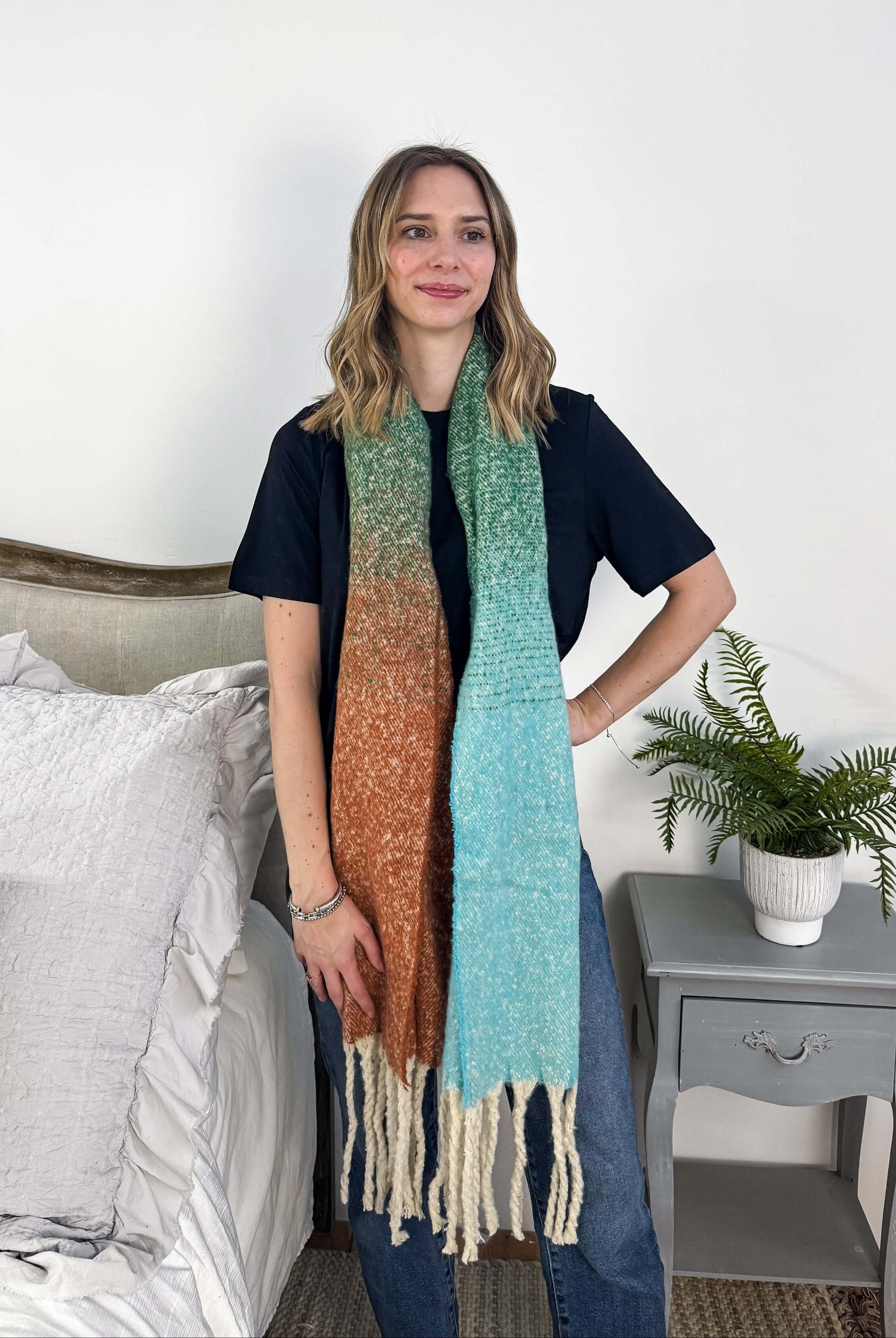 green ombre acrylic soft oversized blanket scarf with tassles
