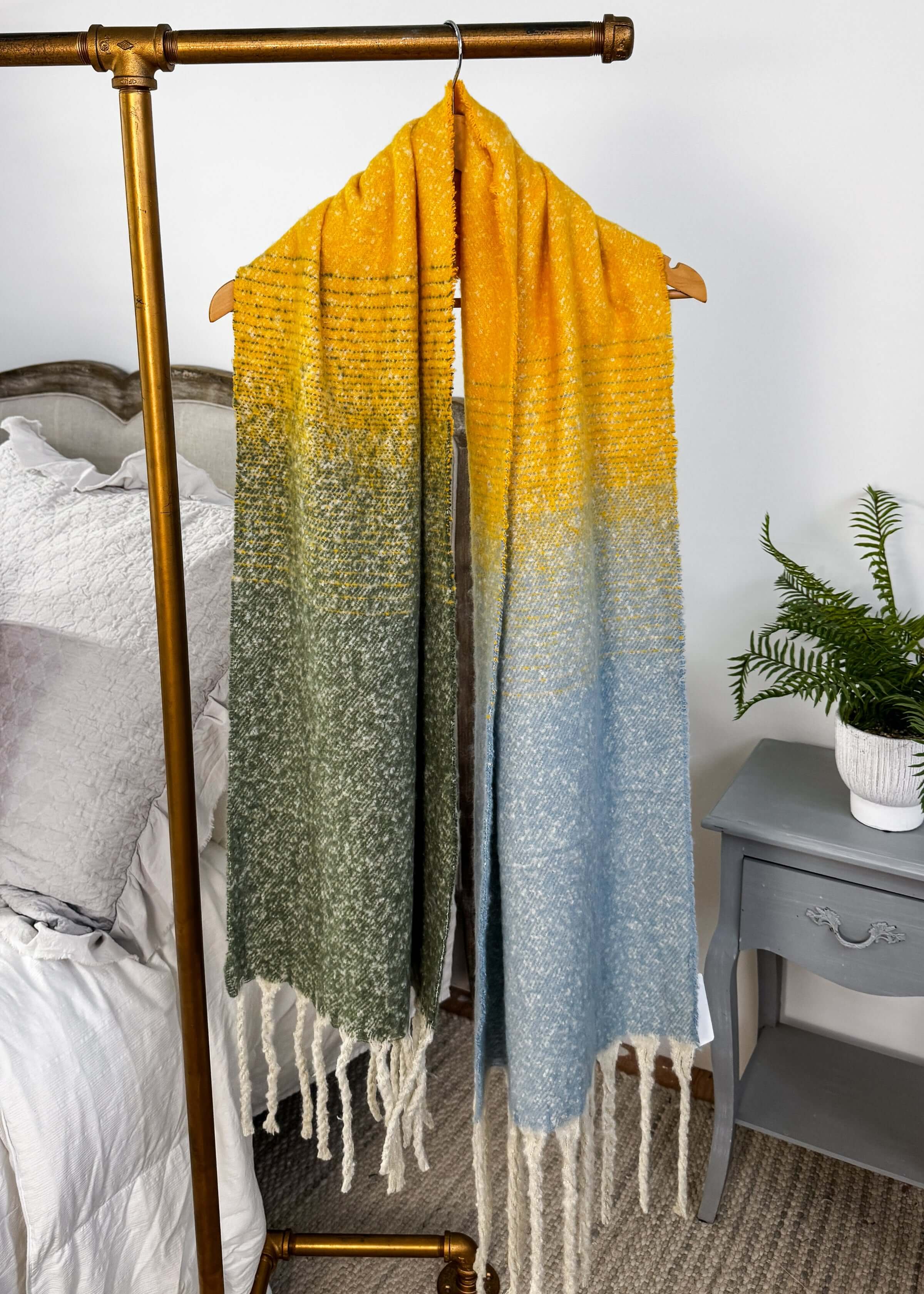yellow ombre acrylic soft oversized blanket scarf with tassles