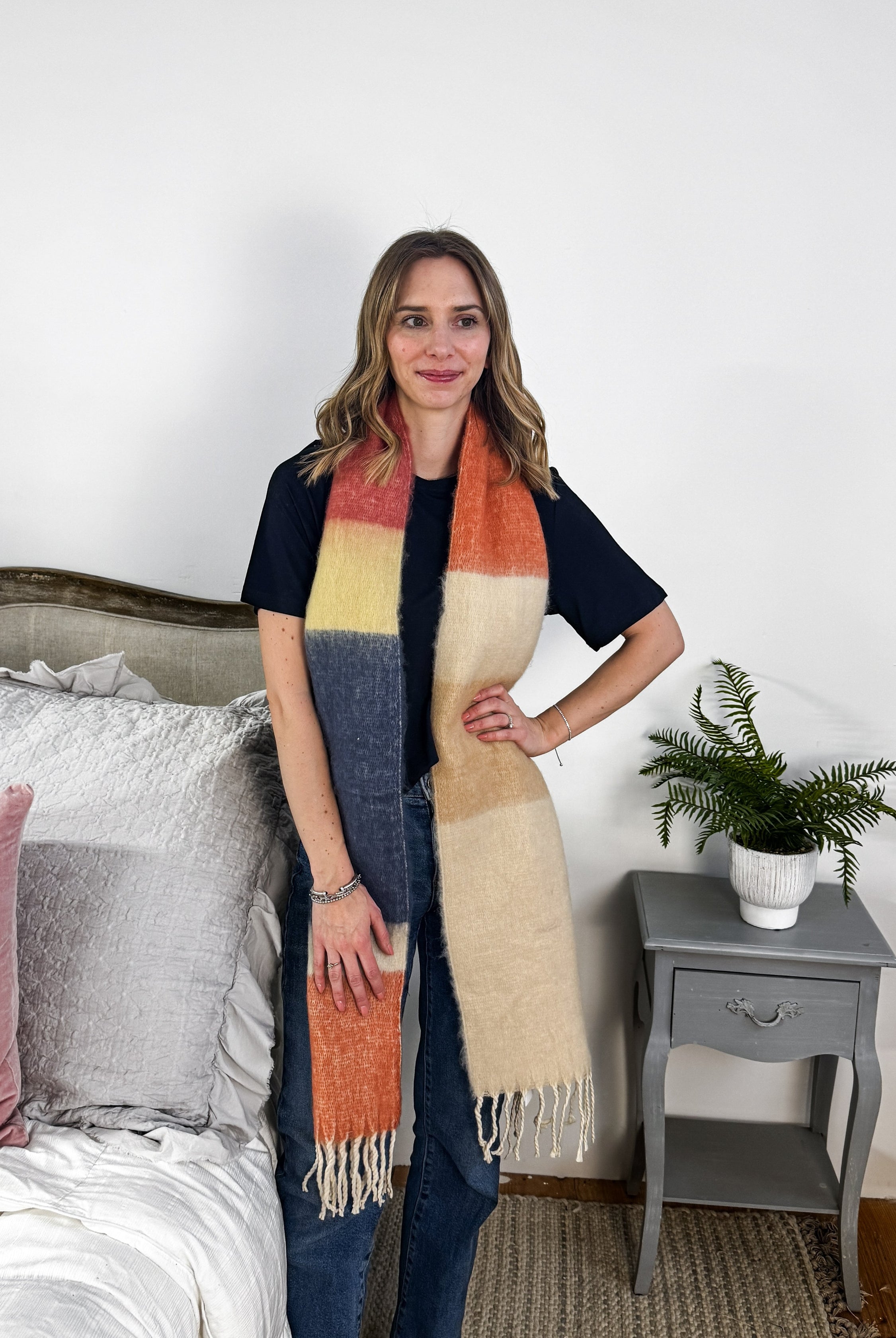 blue block stripe oversize blanket scarf