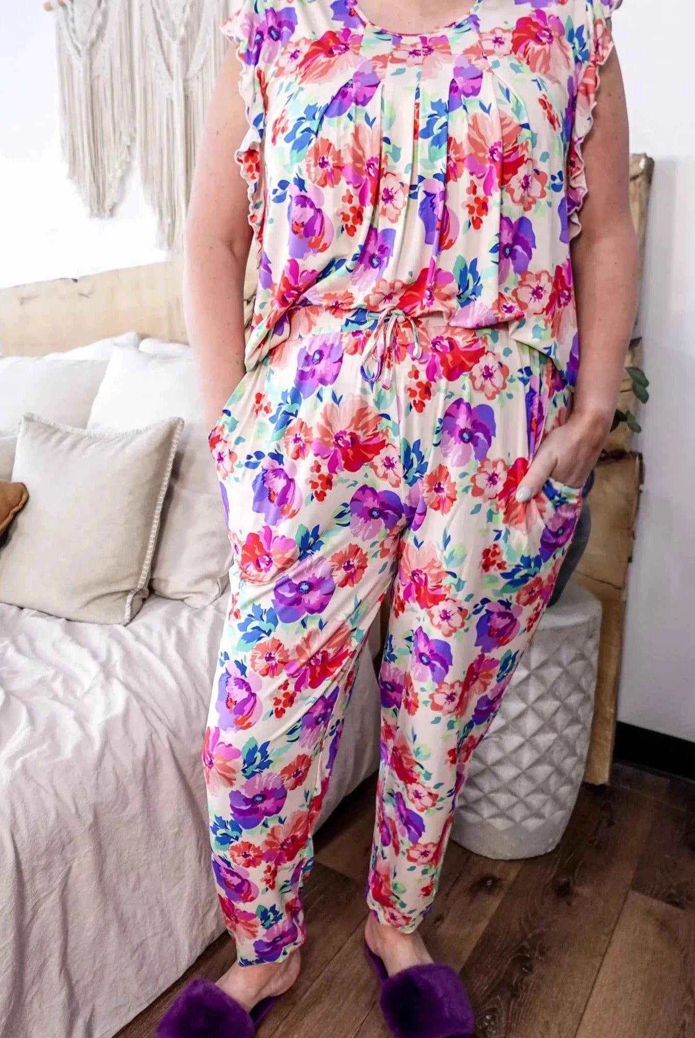Georgia Rylan Women's Bamboo Flutter Sleeve and Jogger Pant Pajama Set in Blooming Love Floral