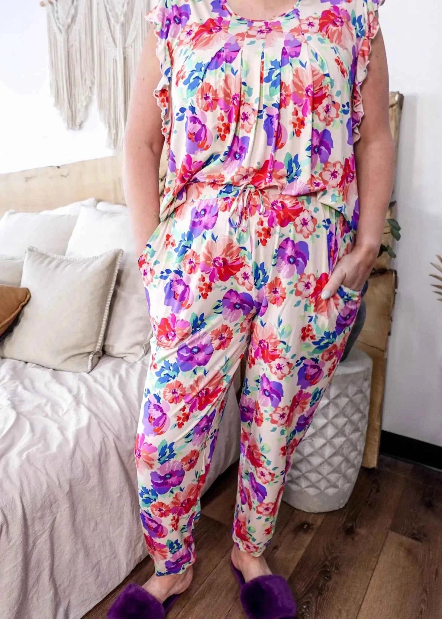 Georgia Rylan Women's Bamboo Flutter Sleeve and Jogger Pant Pajama Set in Blooming Love Floral