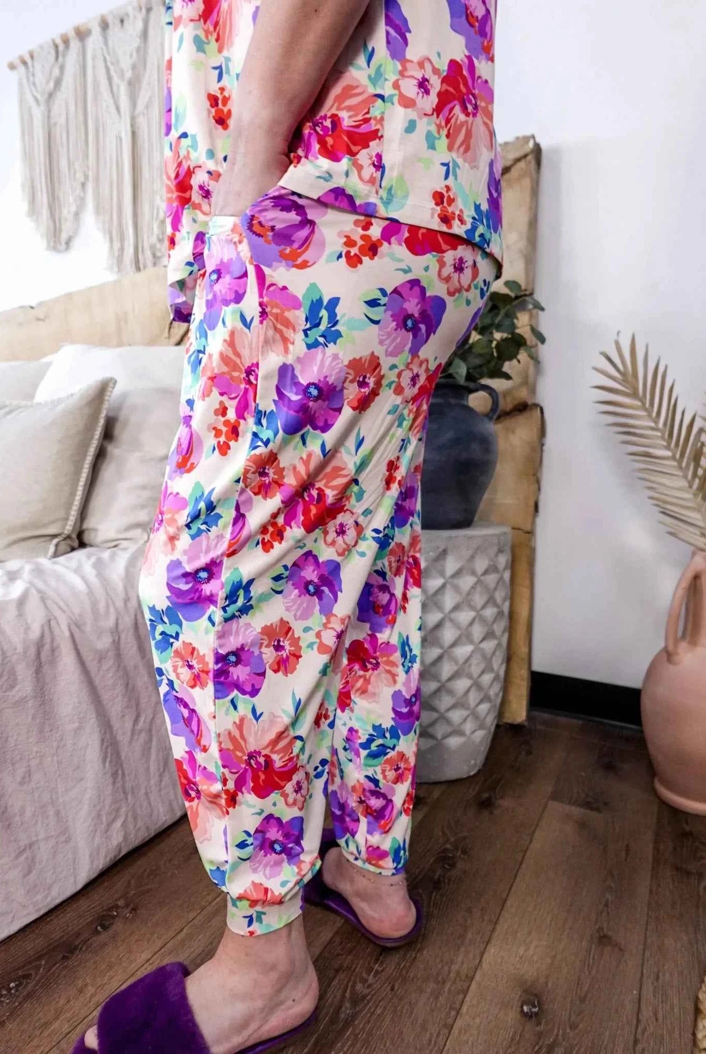 Georgia Rylan Women's Bamboo Flutter Sleeve and Jogger Pant Pajama Set in Blooming Love Floral