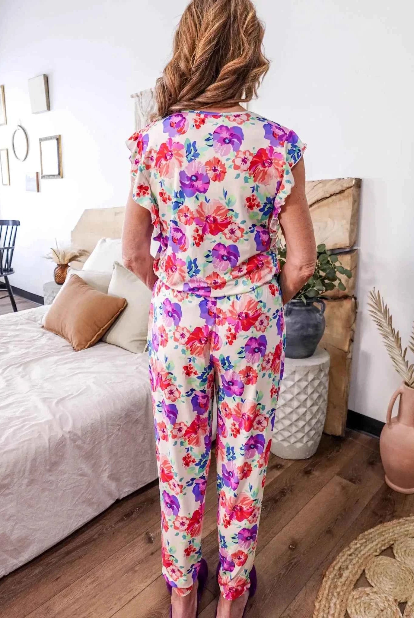 Georgia Rylan Women's Bamboo Flutter Sleeve and Jogger Pant Pajama Set in Blooming Love Floral