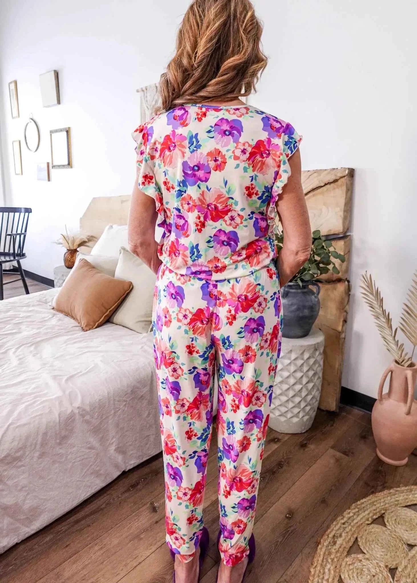 Georgia Rylan Women's Bamboo Flutter Sleeve and Jogger Pant Pajama Set in Blooming Love Floral
