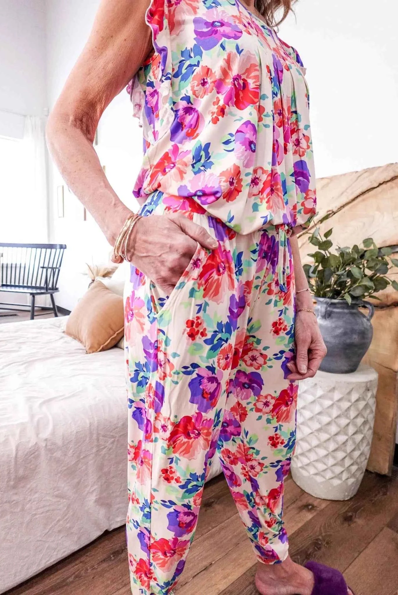 Georgia Rylan Women's Bamboo Flutter Sleeve and Jogger Pant Pajama Set in Blooming Love Floral