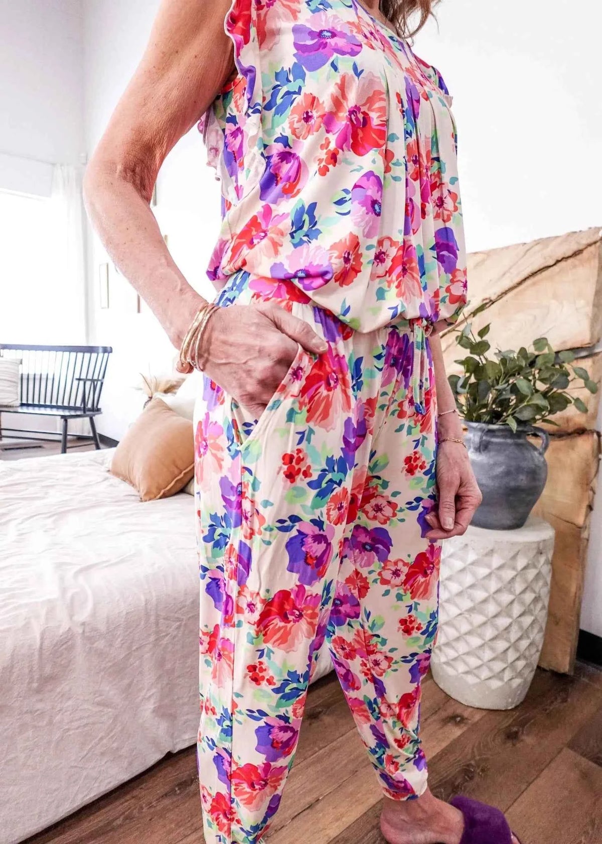 Georgia Rylan Women's Bamboo Flutter Sleeve and Jogger Pant Pajama Set in Blooming Love Floral