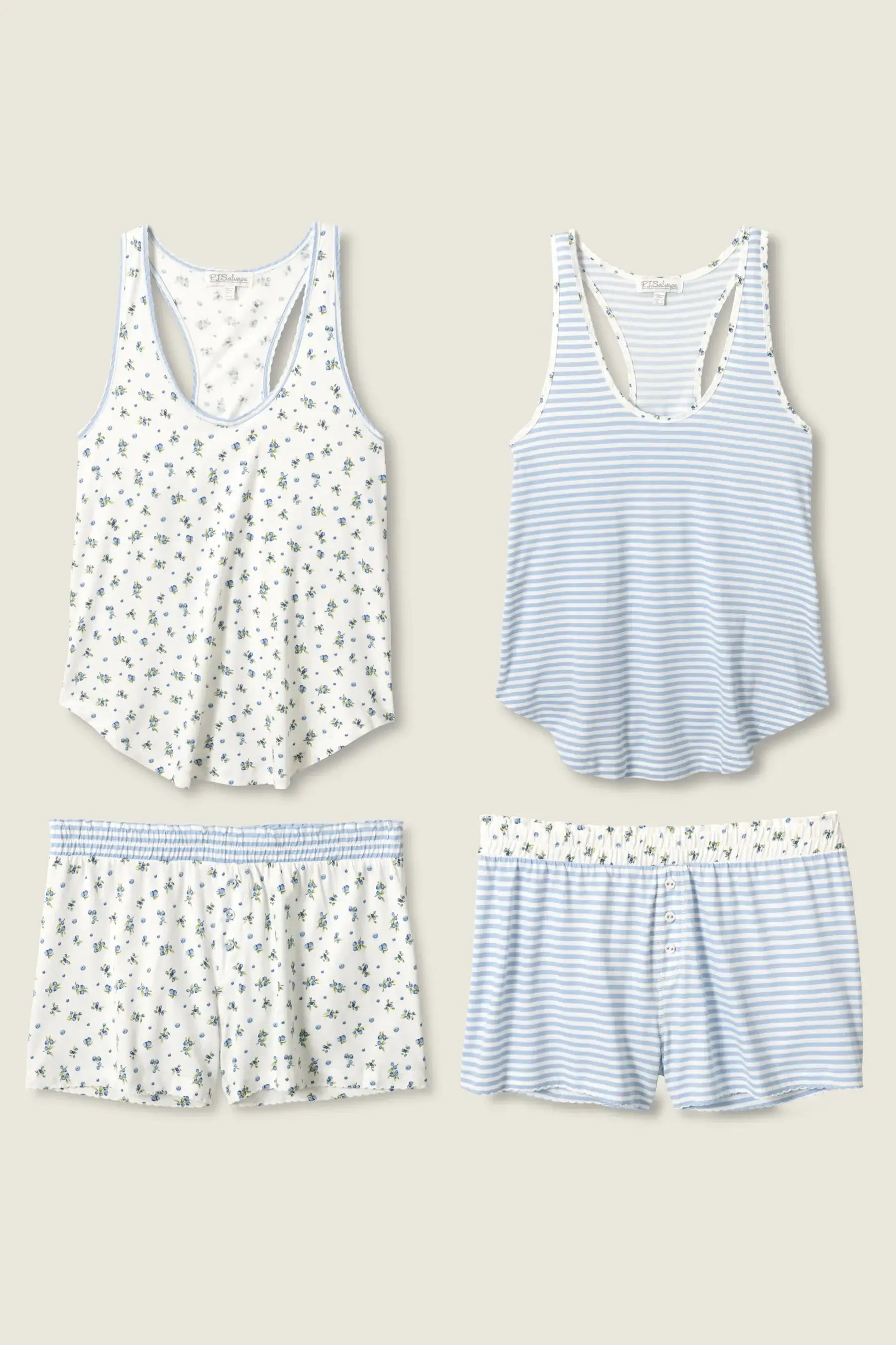 Blueberry Dreams Mix and Match Pajama Box Set featuring floral and striped sleepwear tops and shorts.