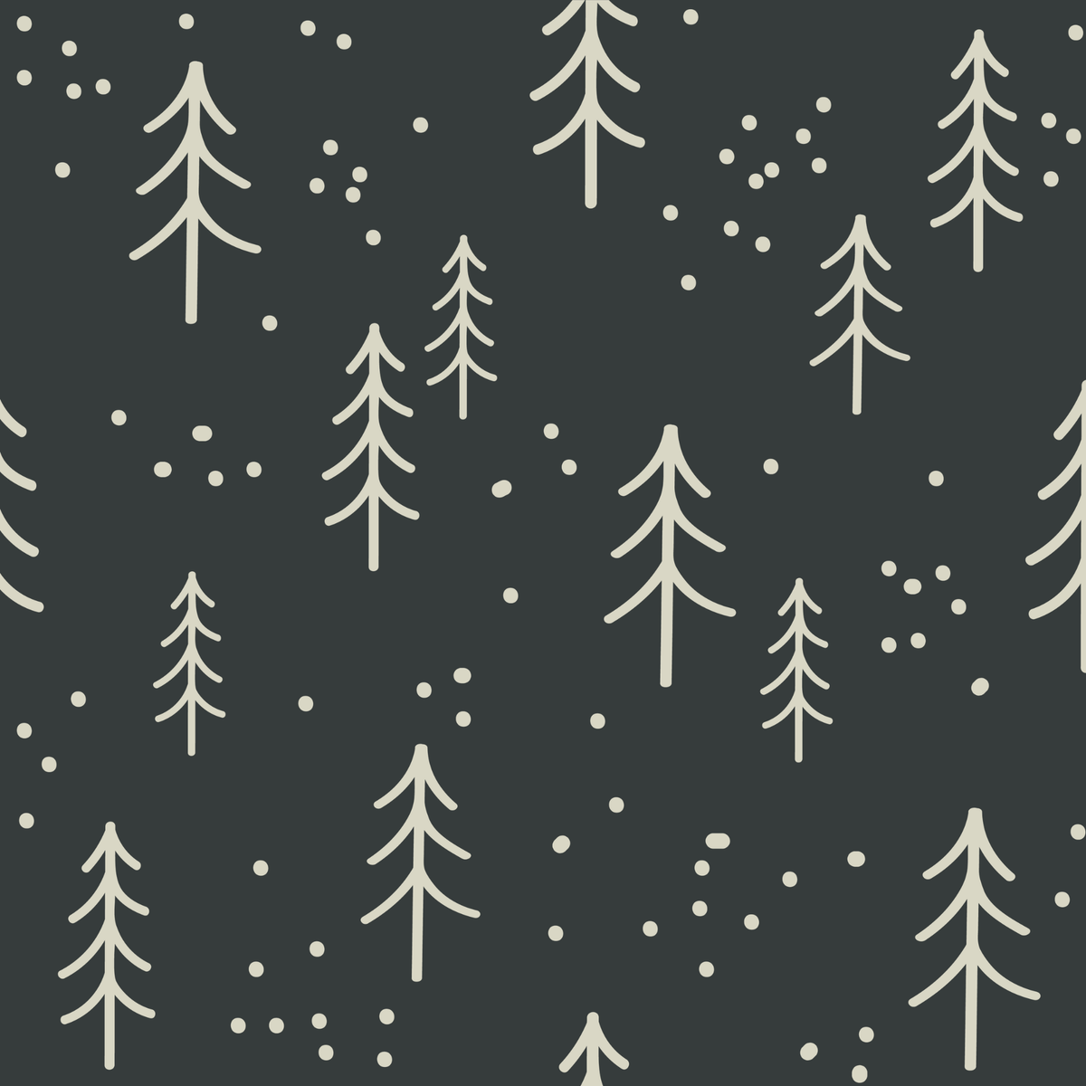 Bob's Sleepwear Co. Trees print close-up hand-drawn cream pine trees dots on charcoal — Cloud Nine Pajamas