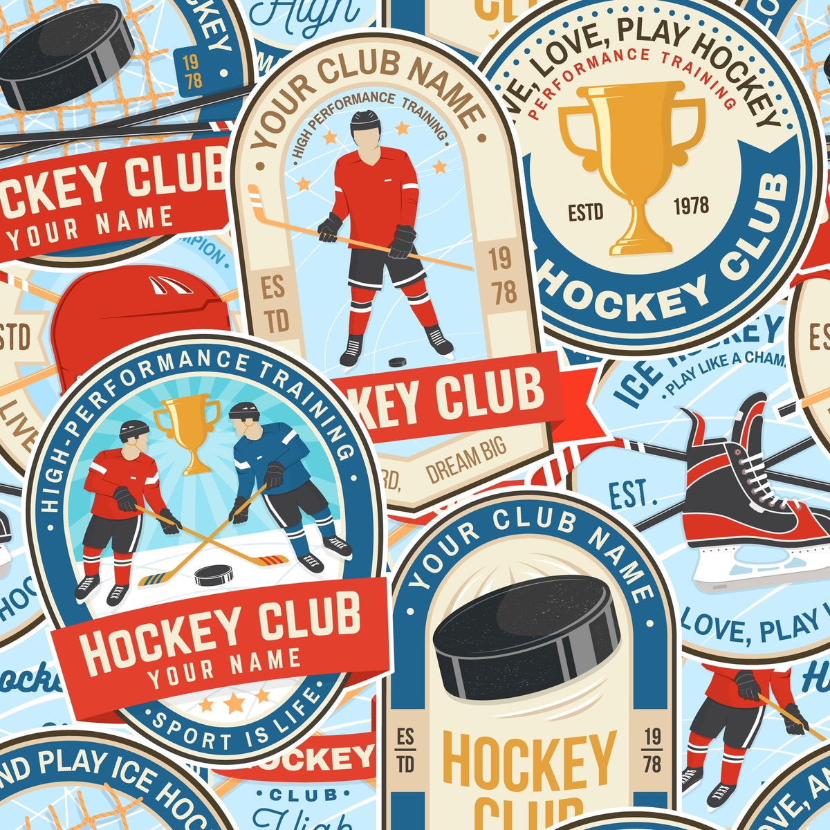 Bob's Sleepwear Co. Hockey Club print close-up illustrated hockey players badges — Cloud Nine Pajamas