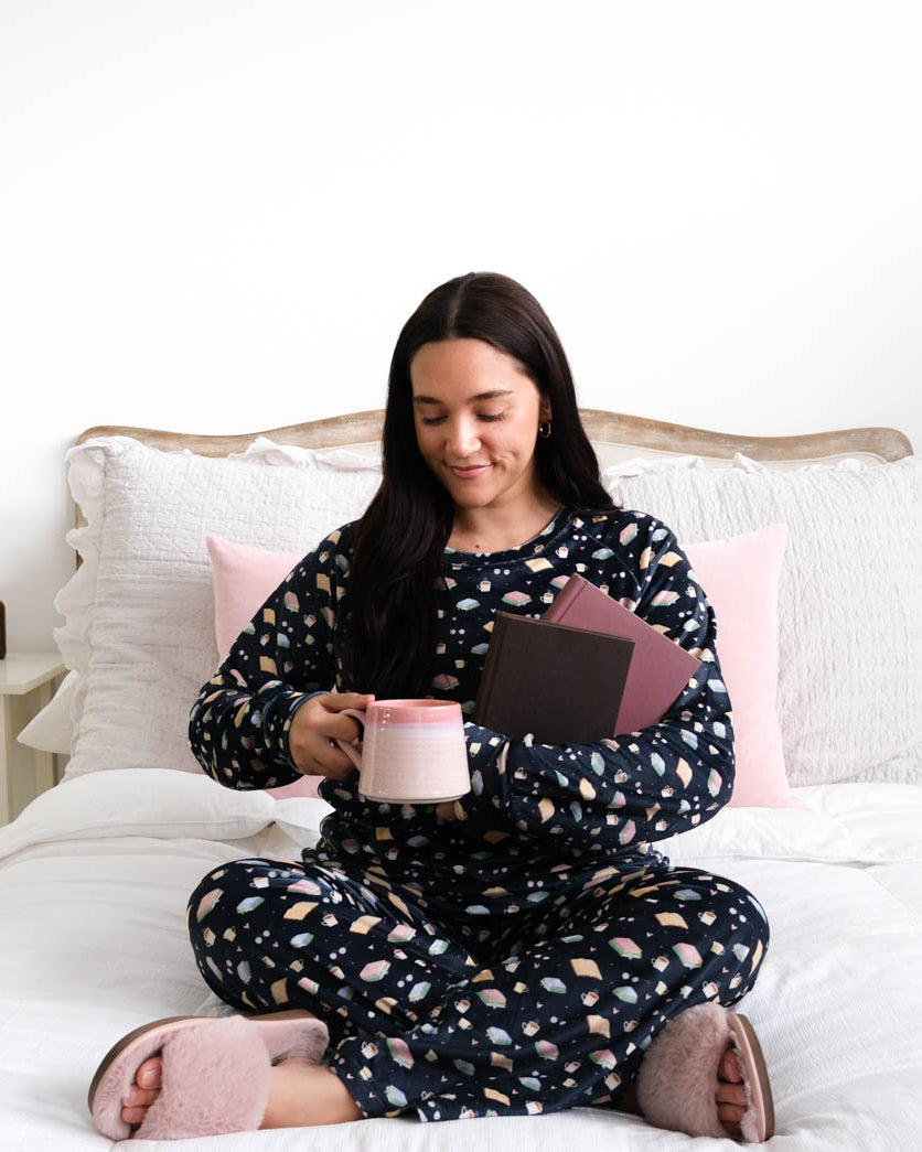 Miranda Nic Book Club Velour Straight Leg PJ Set lifestyle — Cloud Nine Pajamas Edmonton