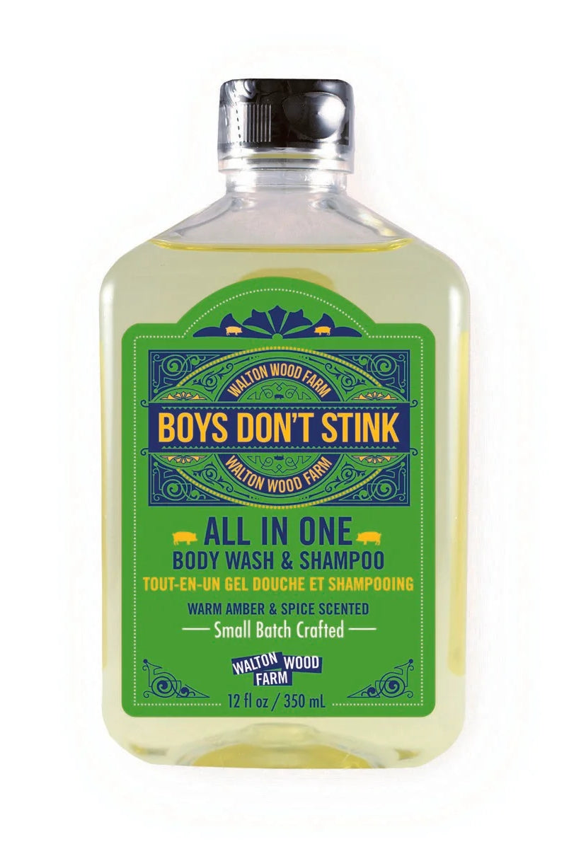 Walton Wood Farm Boys Don't Stink All In One Body Wash Shampoo 350ml 12oz bottle front — Cloud Nine Pajamas Edmonton