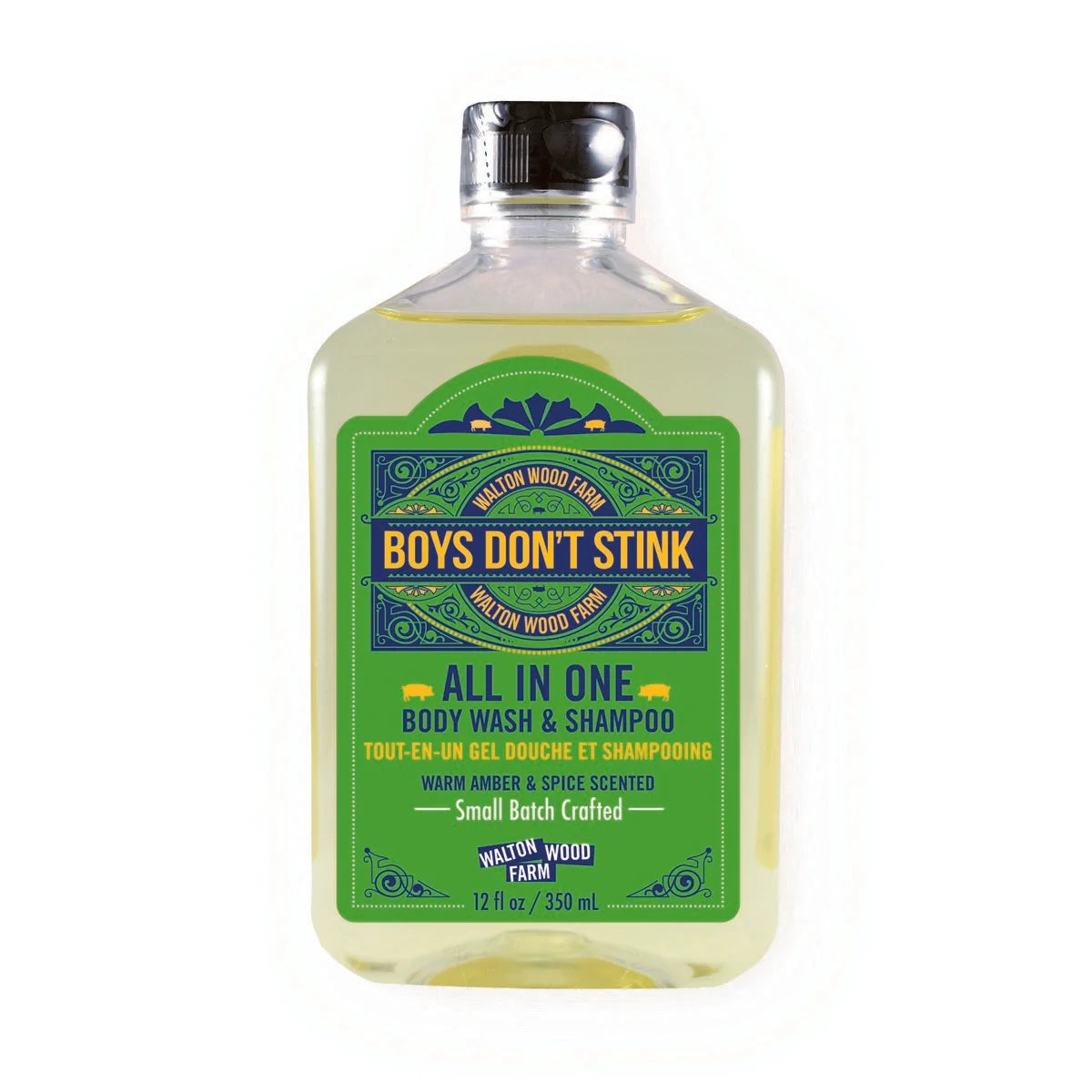 Walton Wood Farm Boys Don't Stink All In One Body Wash Shampoo 350ml 12oz bottle front — Cloud Nine Pajamas Edmonton