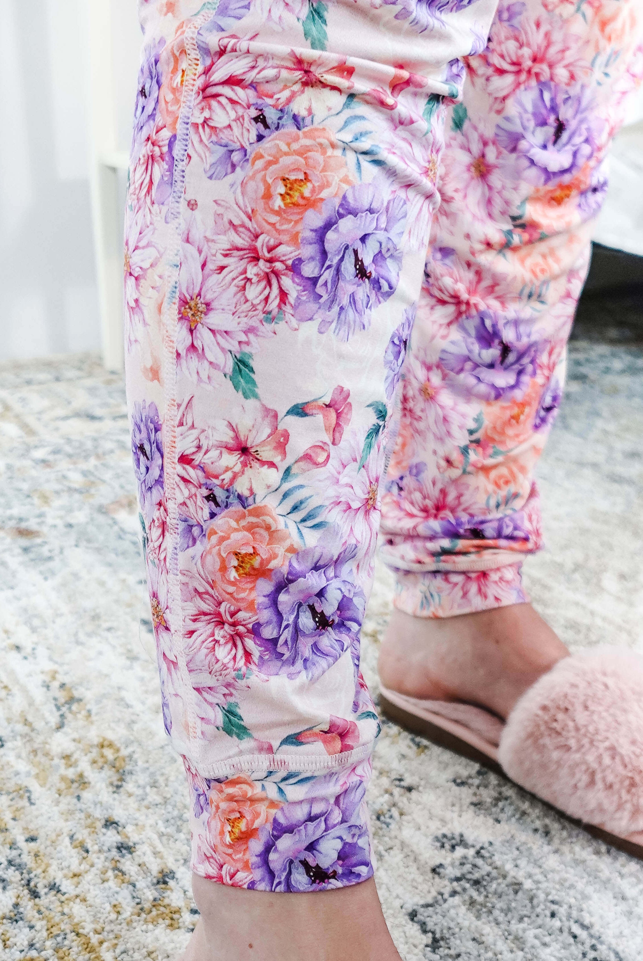 Dream In Blooms Long Sleeve Top & Jogger Bamboo Lounge Set with floral print joggers and cozy slippers.