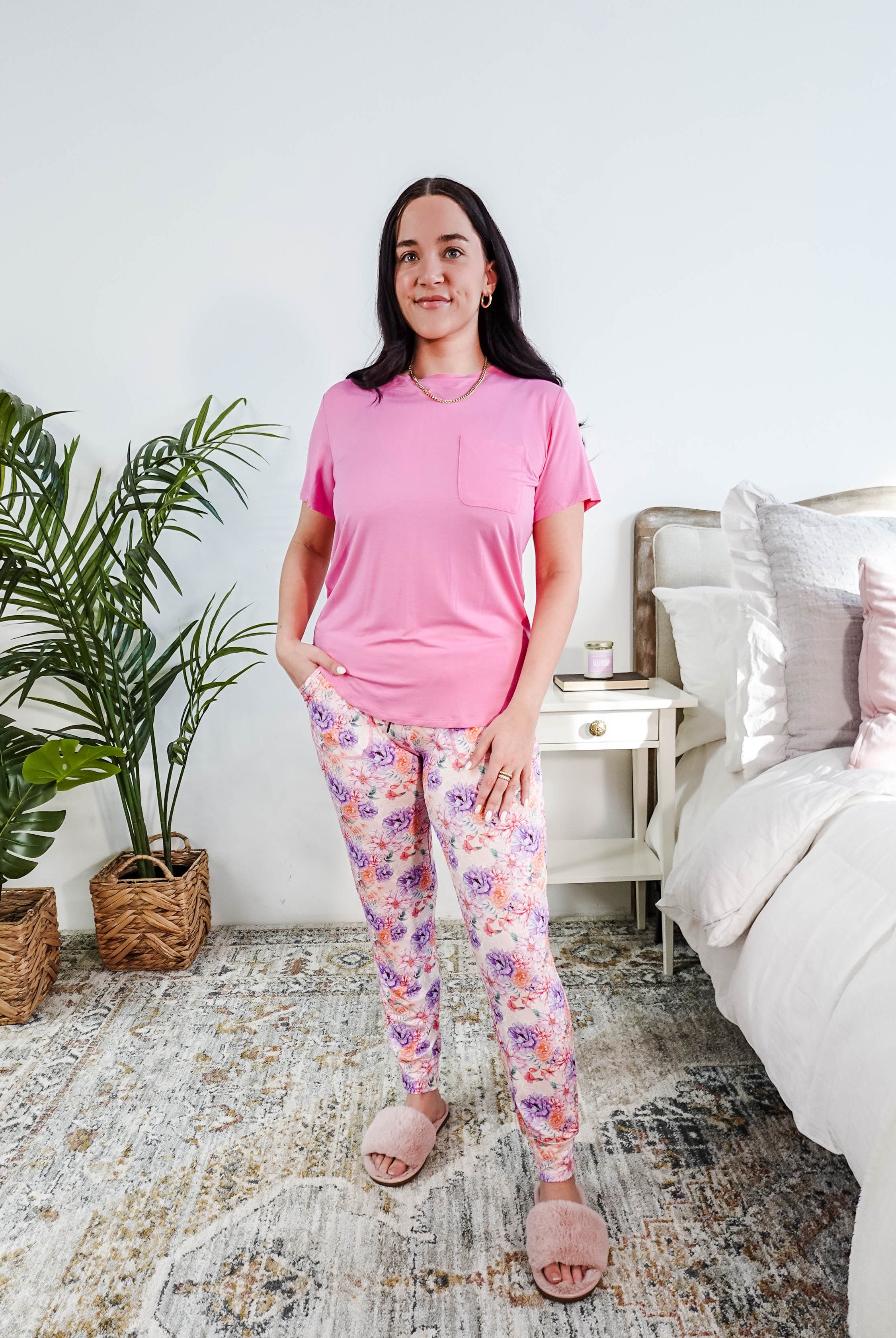 Bubblegum Pink/Dream In Blooms Tee & Jogger Bamboo Lounge Set