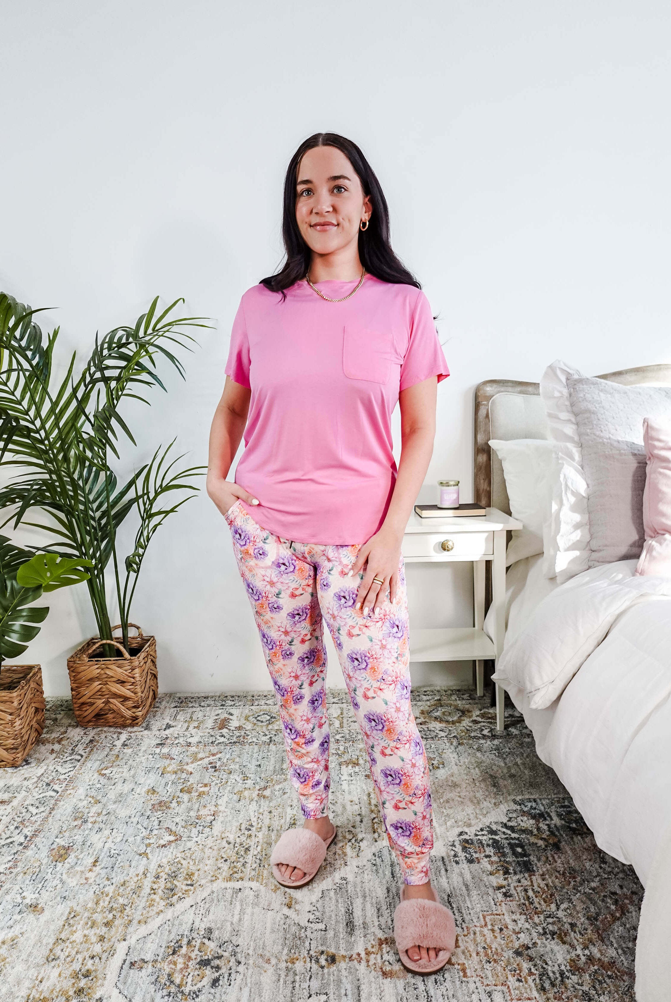 Bubblegum Pink/Dream In Blooms Tee & Jogger Bamboo Lounge Set