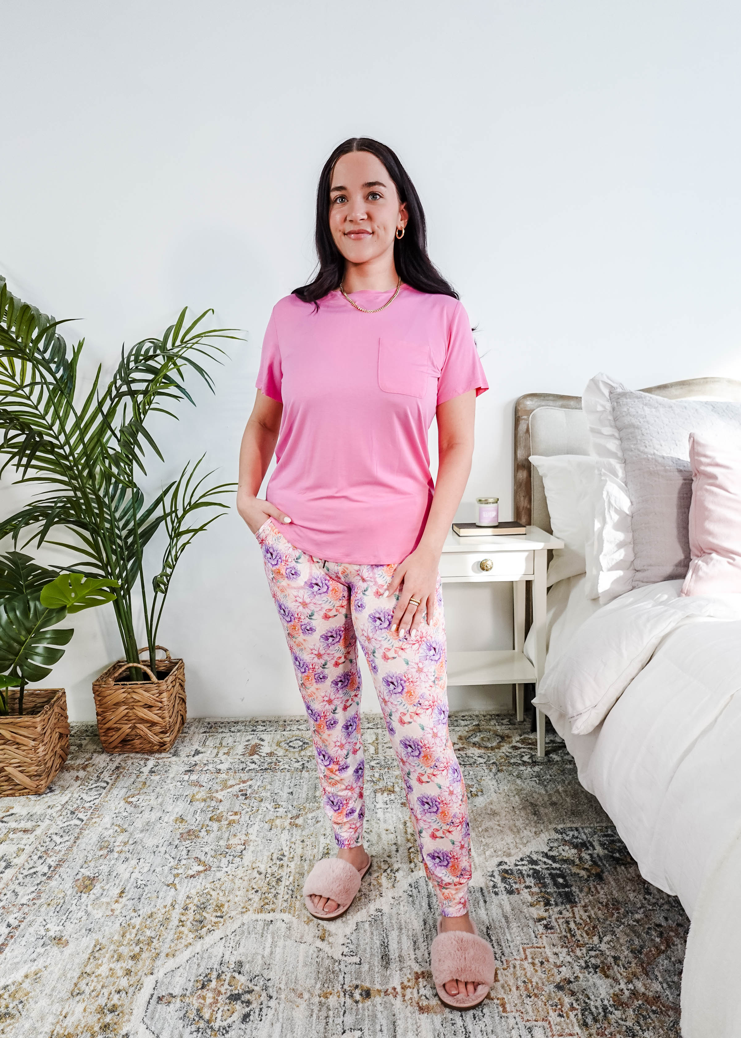 Bubblegum Pink/Dream In Blooms Tee & Jogger Bamboo Lounge Set