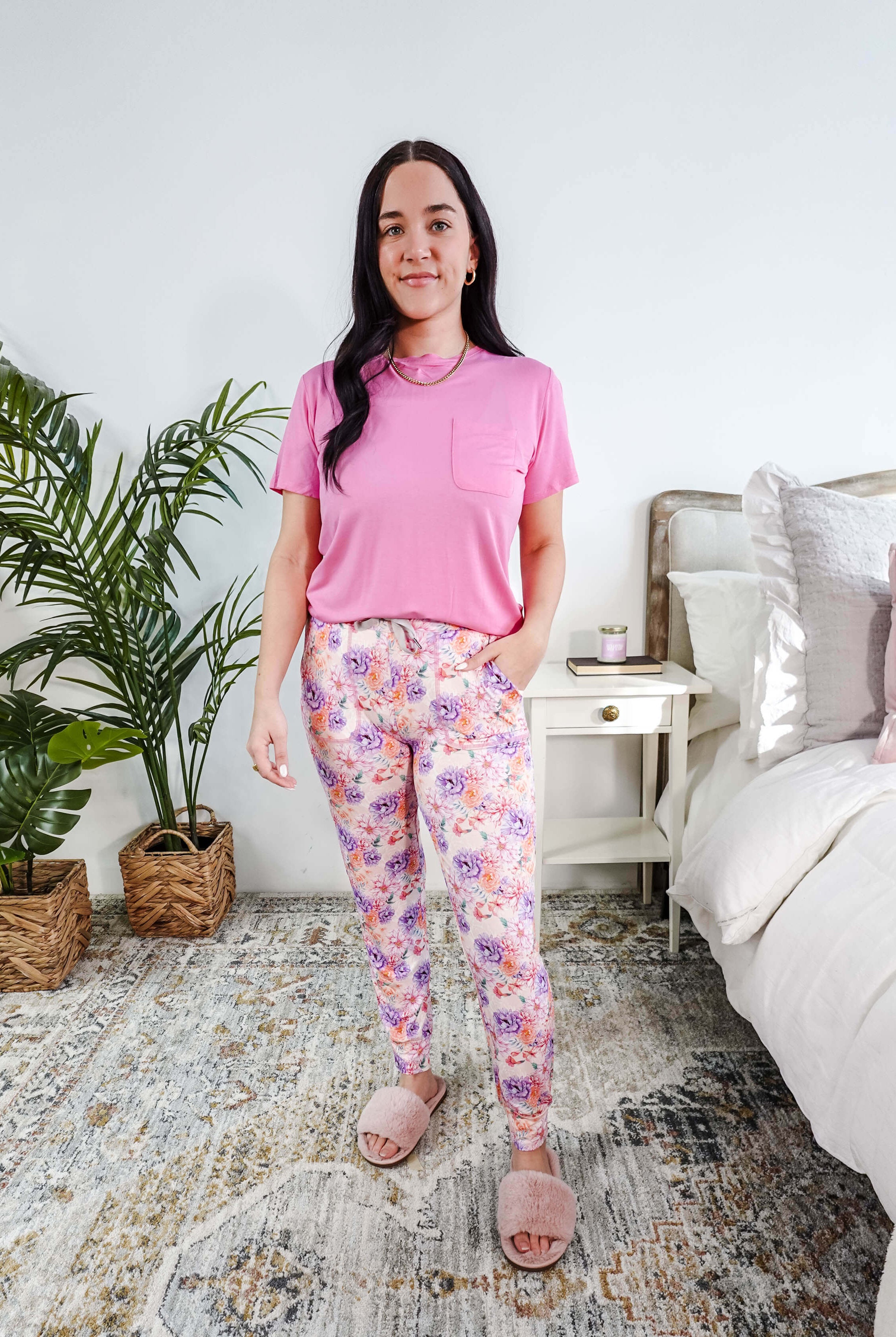 Model wearing Dream In Blooms Tee & Jogger Bamboo Lounge Set, featuring bubblegum pink tee and floral joggers.