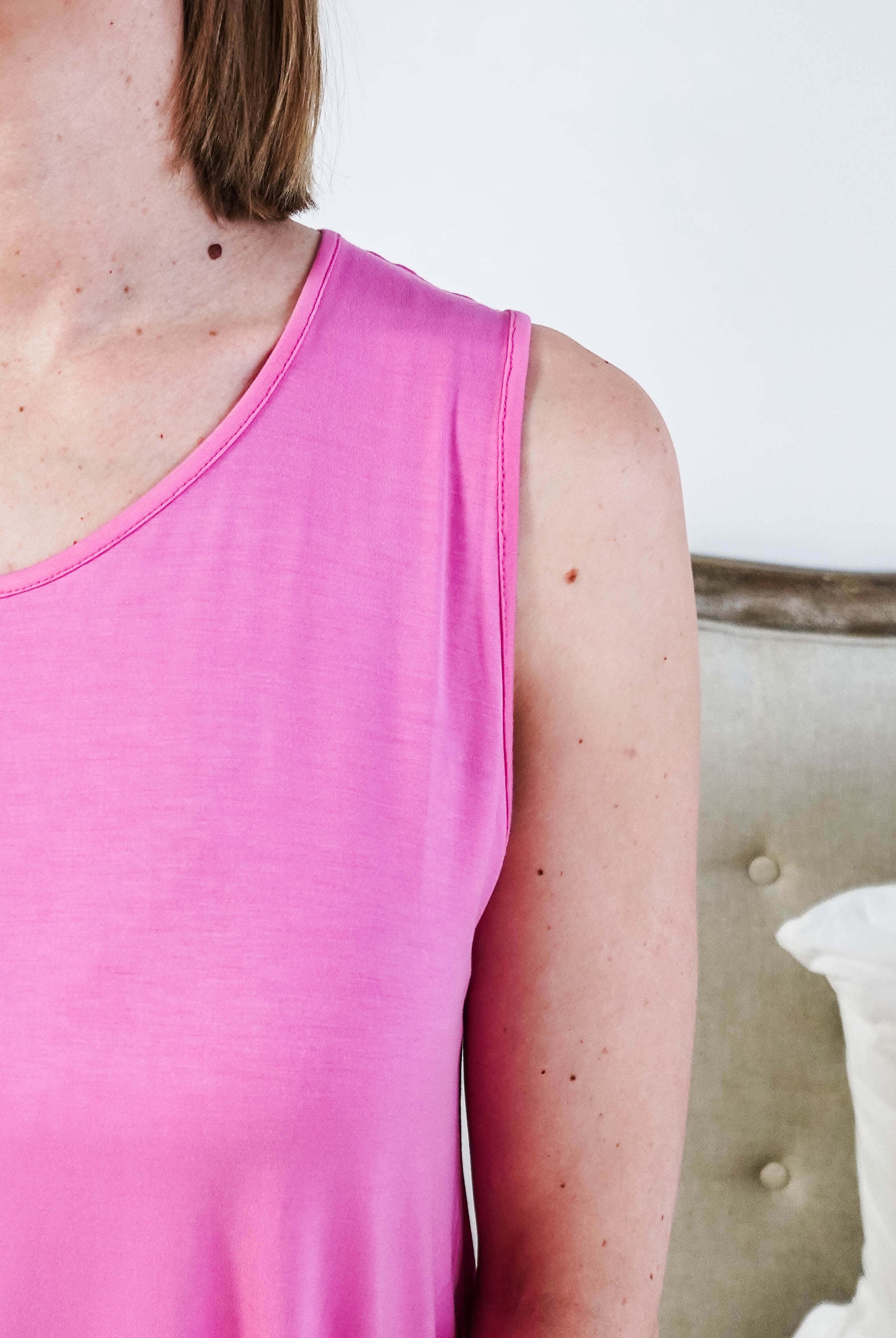Bubblegum Pink Essential Bamboo Tank Top close-up showcasing comfort and style, perfect for any season.