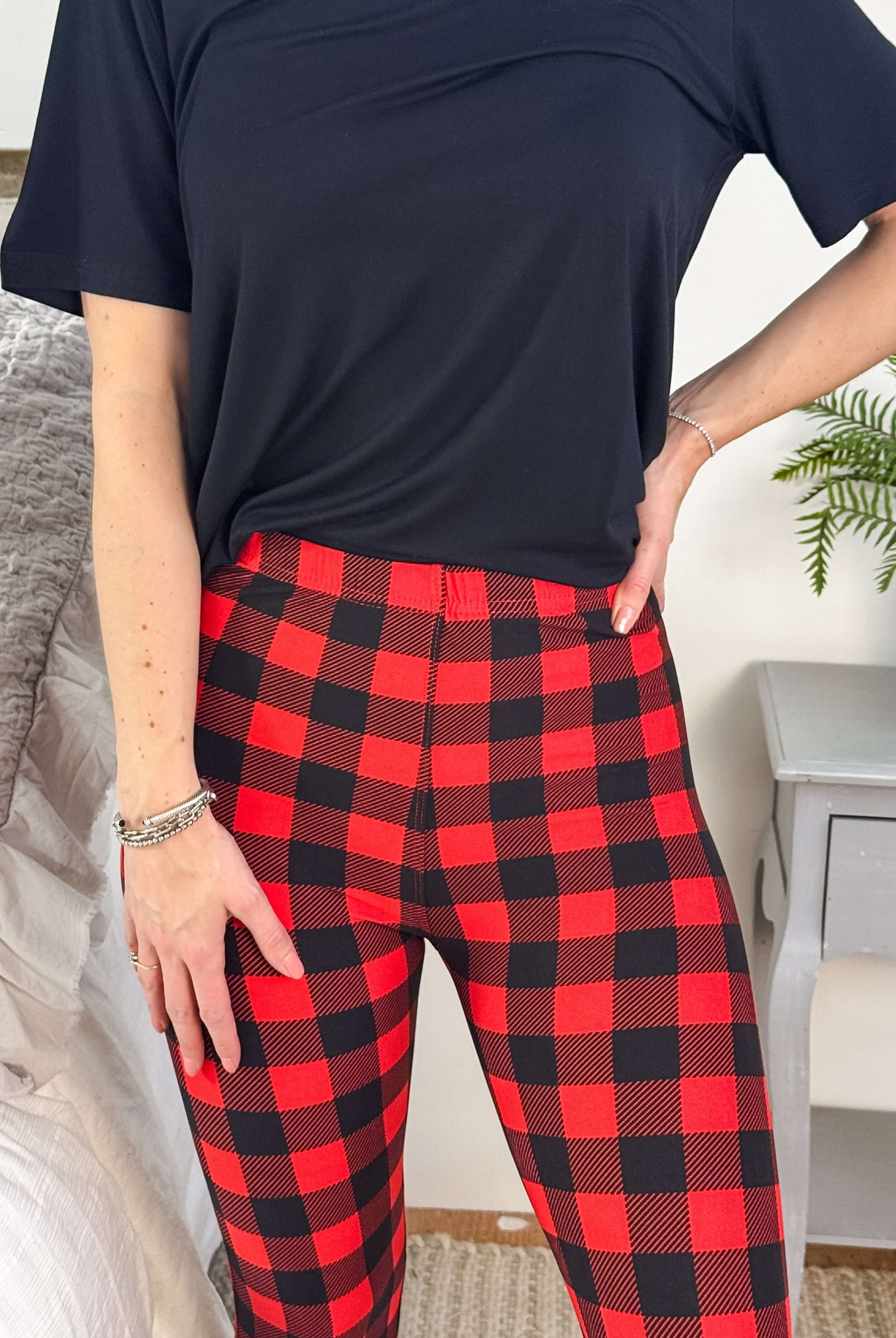 Buffalo Plaid Print Regular Rise Buttery Soft Leggings | O/S fits women XS-L close up of print