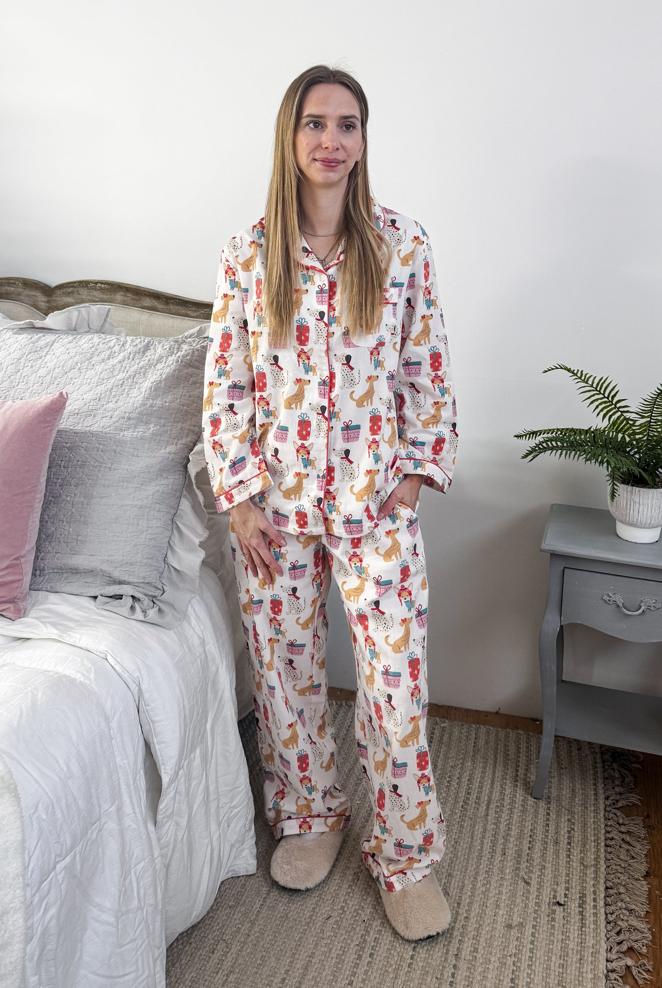Women's dog print Christmas flannel pajamas button up with straight pant by Mahogany