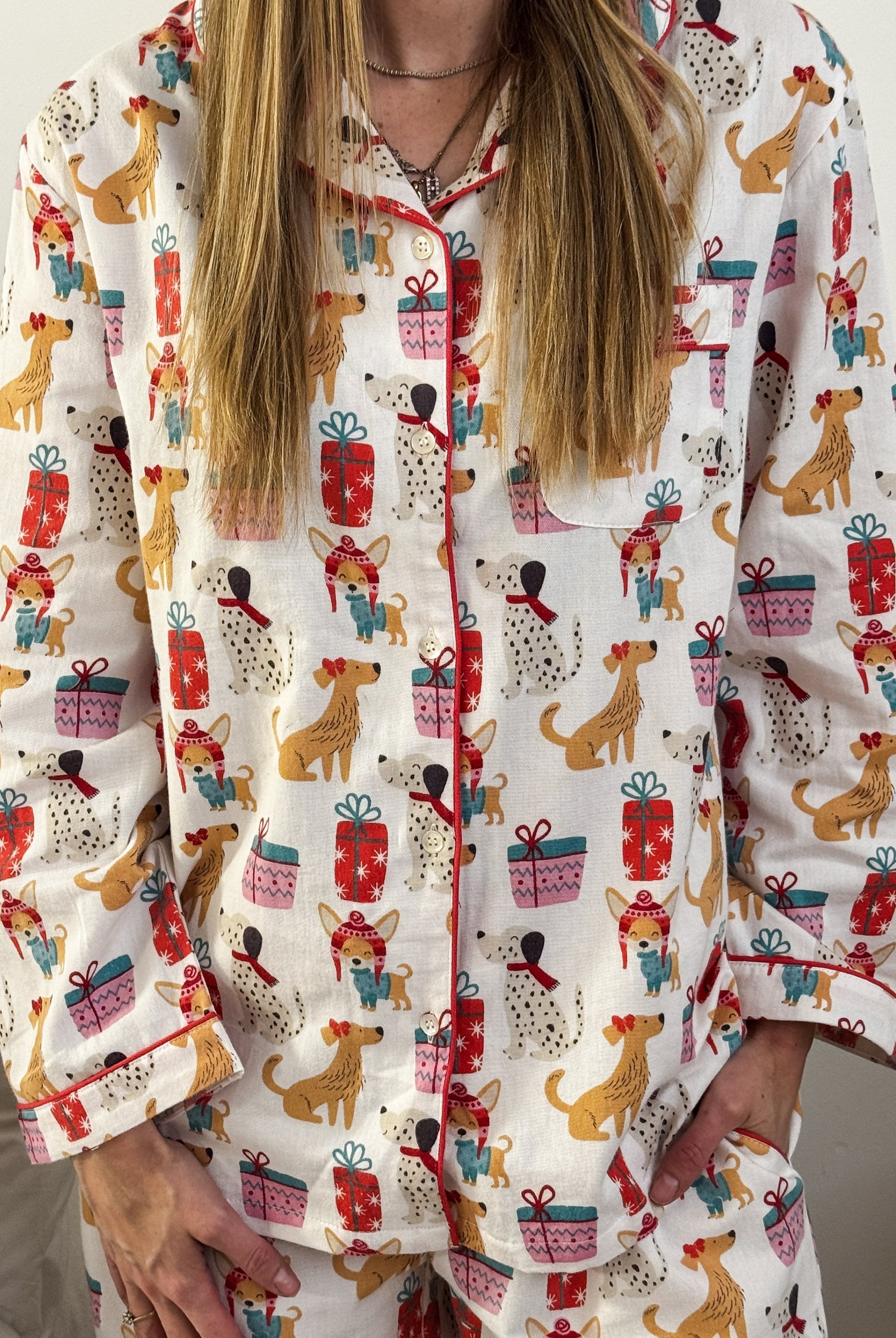 Women's dog print Christmas flannel pajamas button up with straight pant by Mahogany