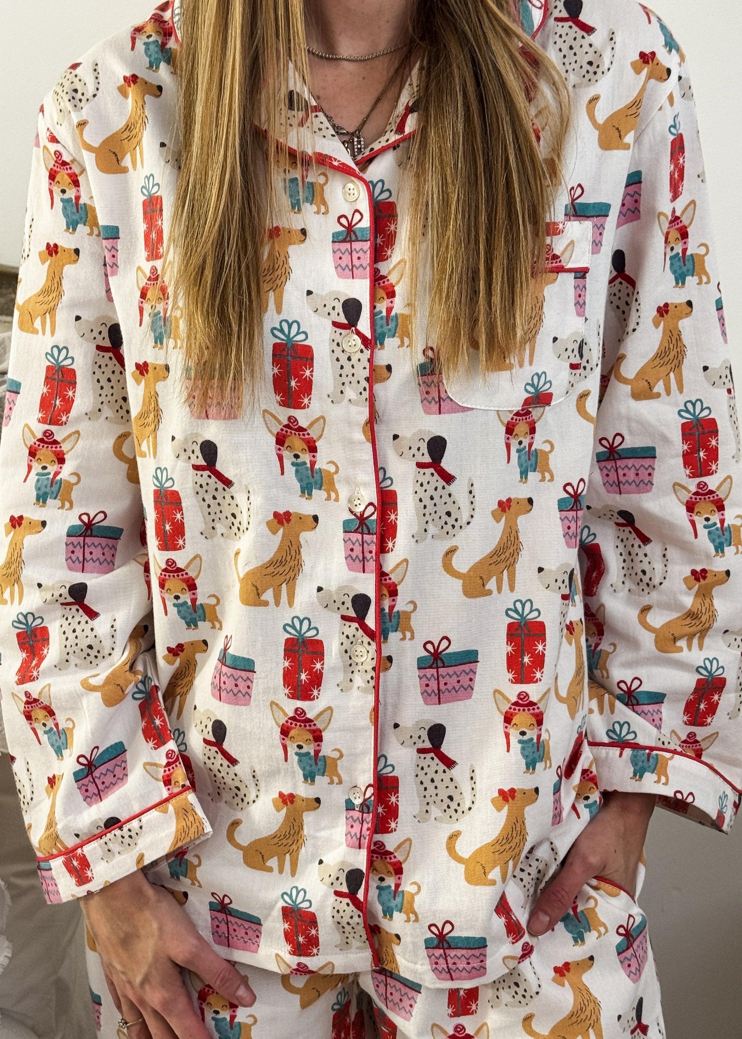 Women's dog print Christmas flannel pajamas button up with straight pant by Mahogany