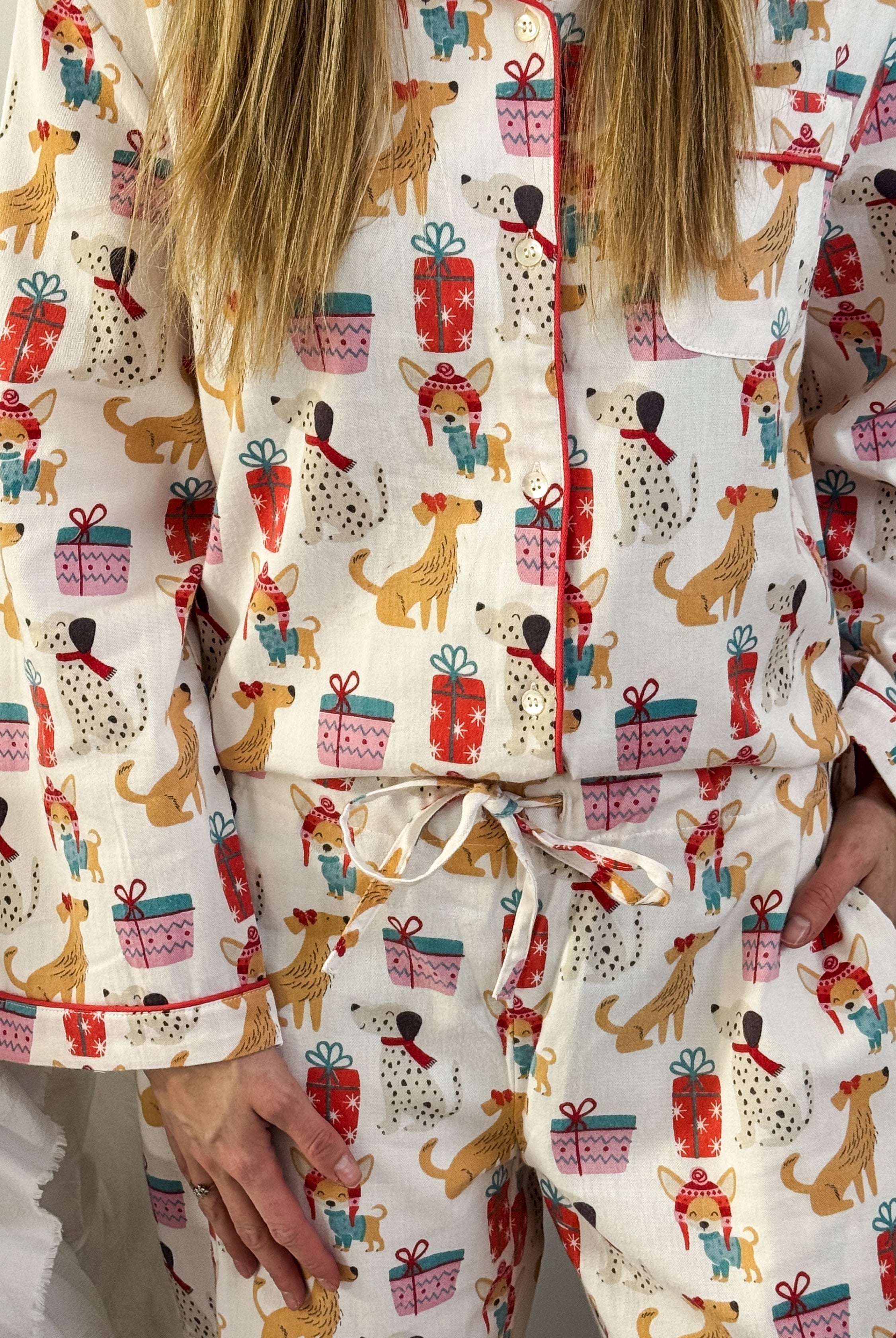 Women's dog print Christmas flannel pajamas button up with straight pant by Mahogany