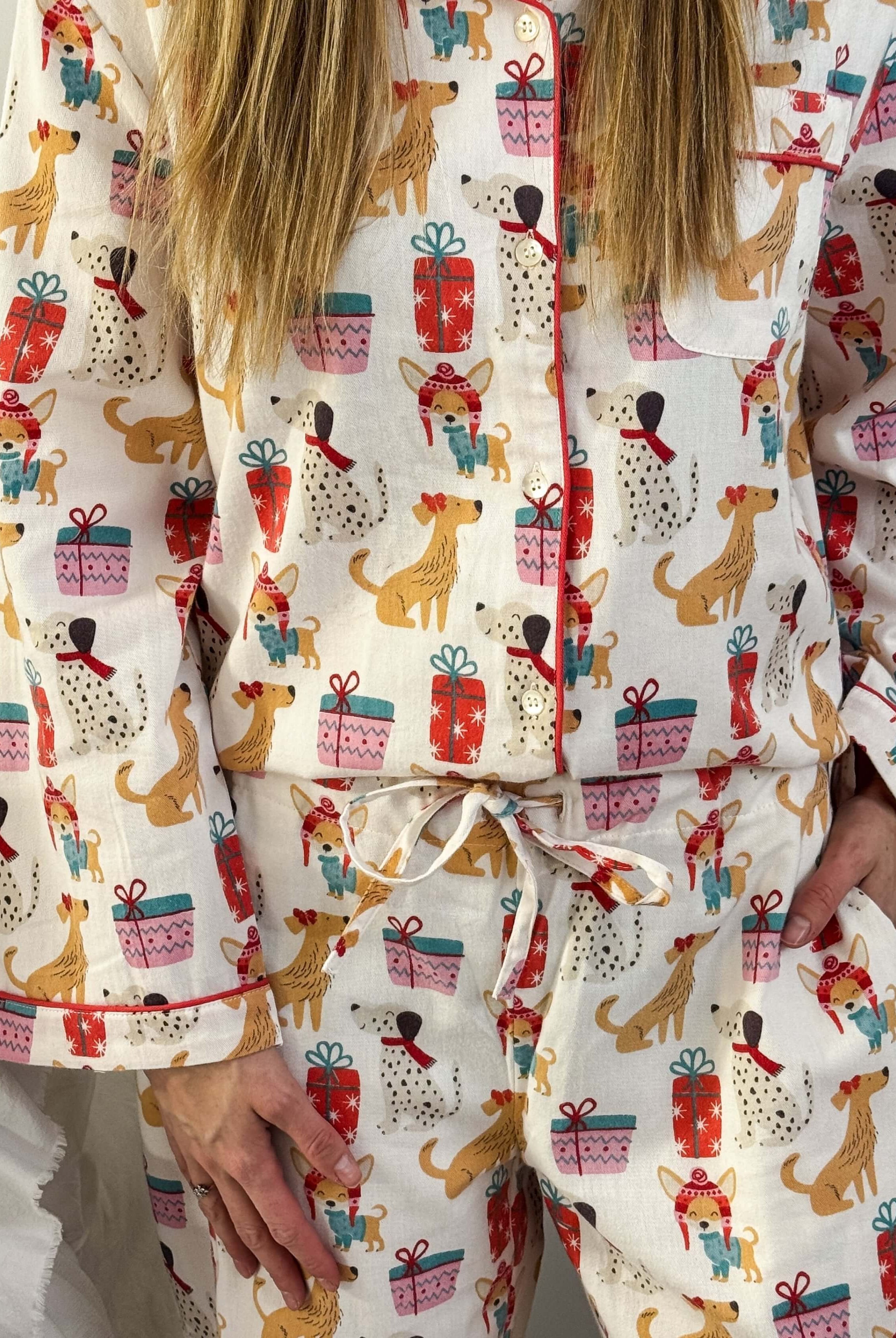 Women's dog print Christmas flannel pajamas button up with straight pant by Mahogany