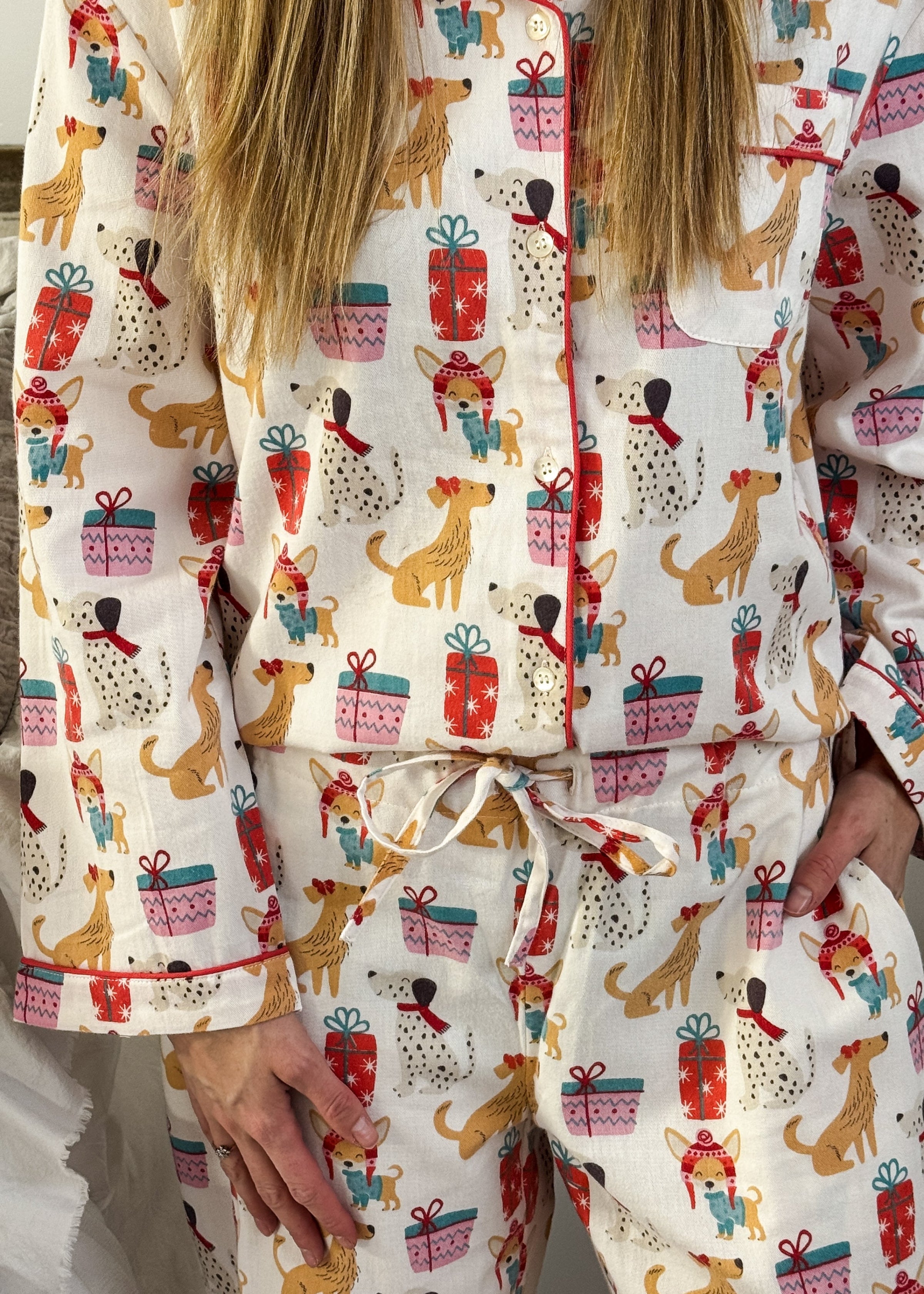 Women's dog print Christmas flannel pajamas button up with straight pant by Mahogany