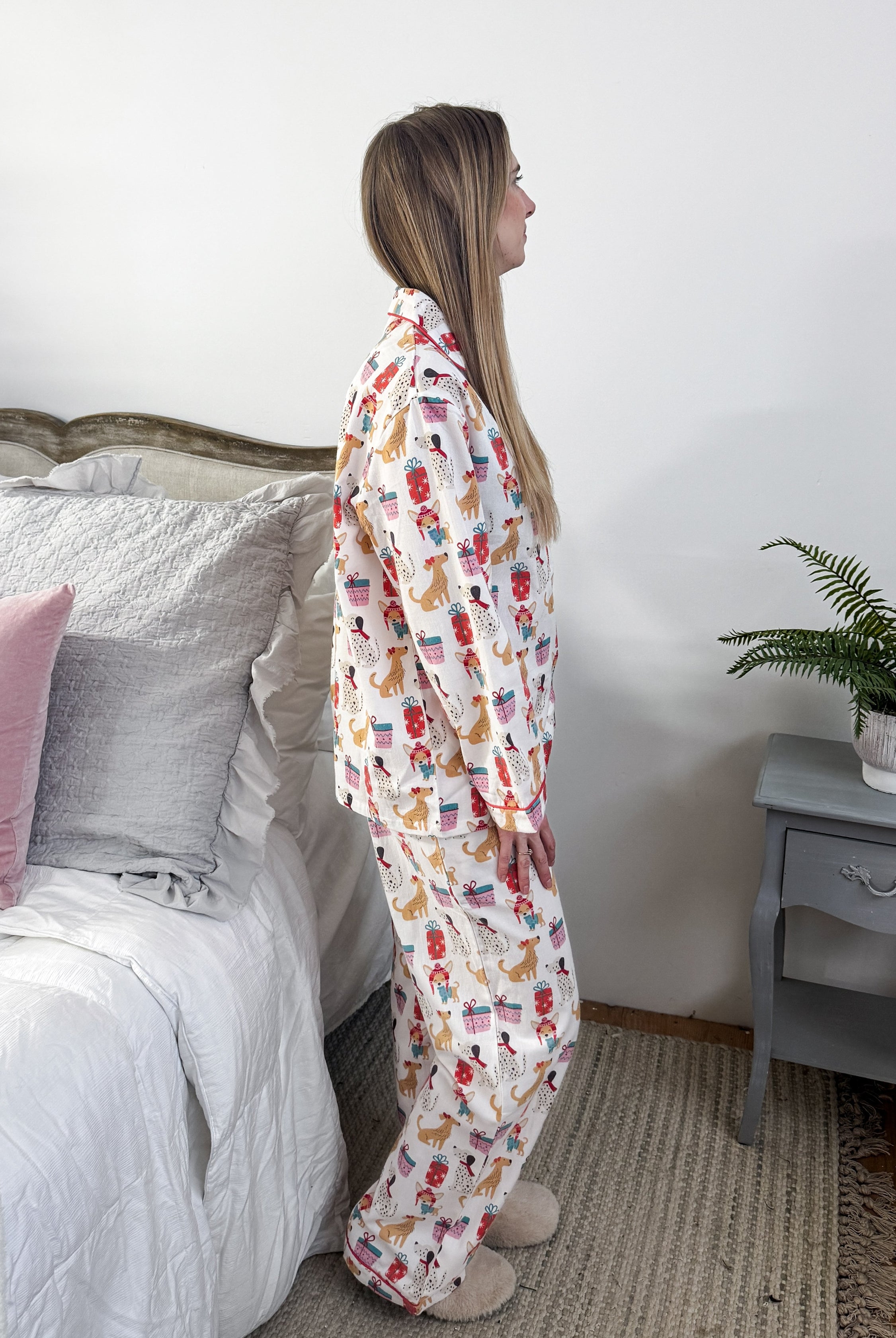 Women's dog print Christmas flannel pajamas button up with straight pant by Mahogany