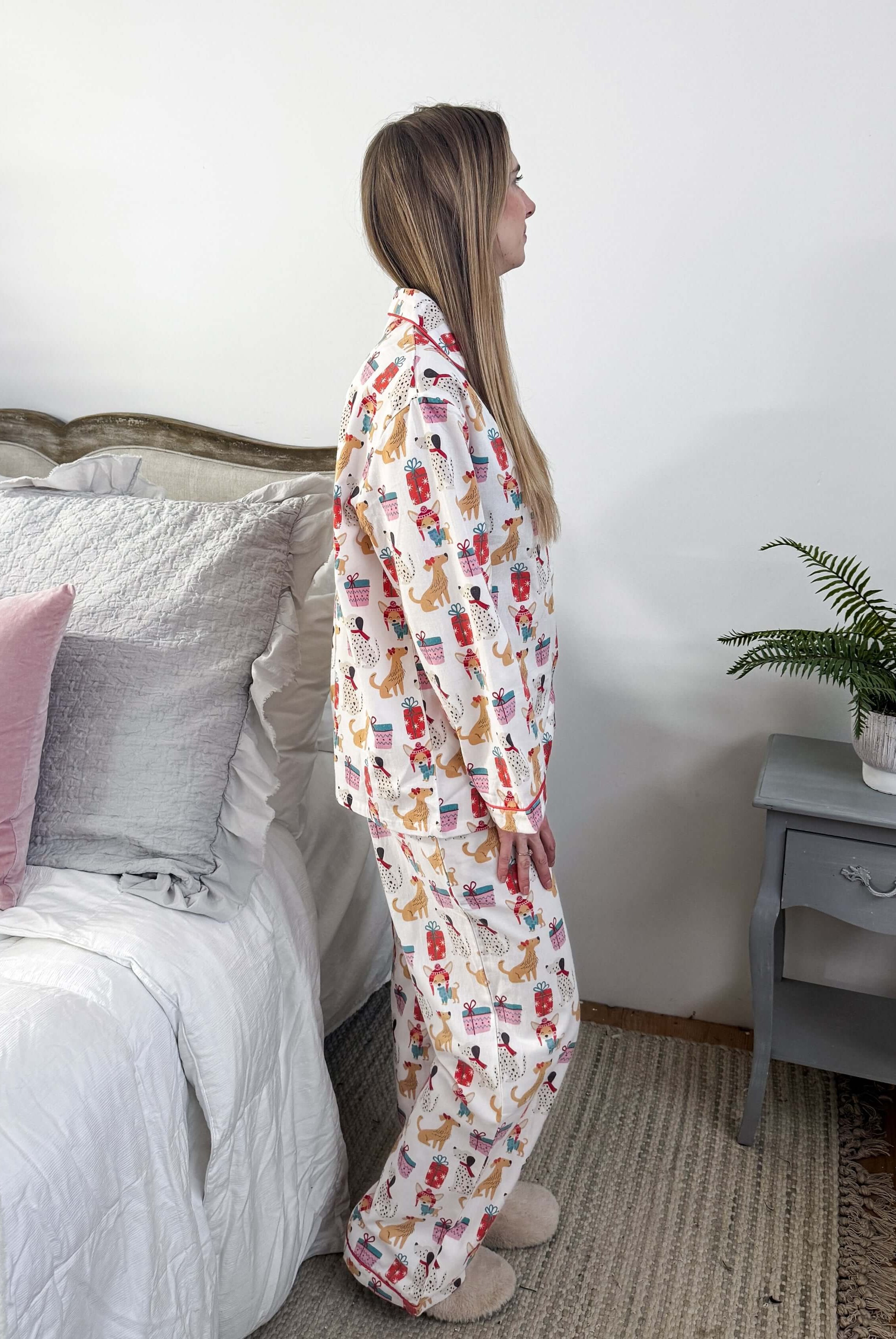 Women's dog print Christmas flannel pajamas button up with straight pant by Mahogany