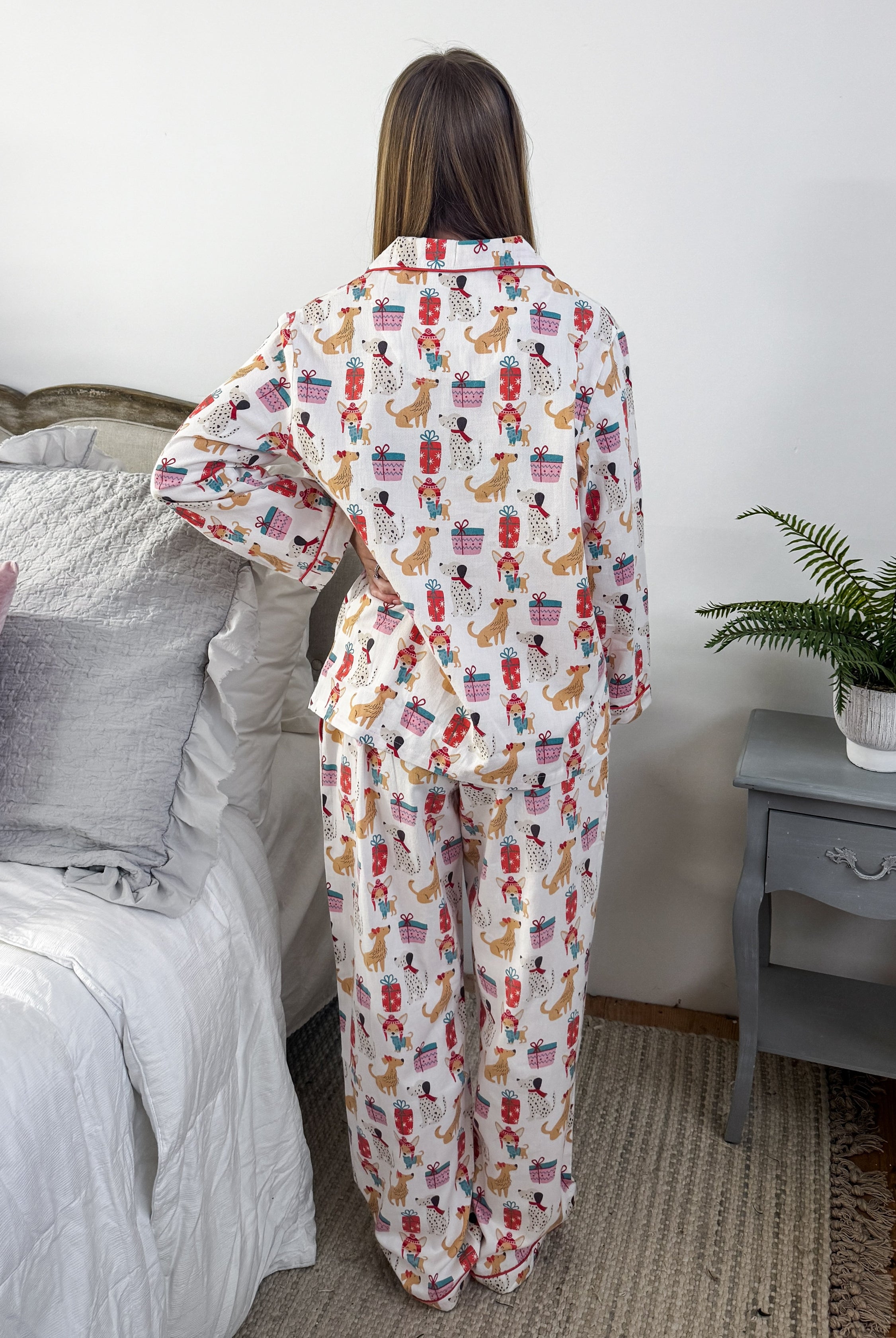 Women's dog print Christmas flannel pajamas button up with straight pant by Mahogany