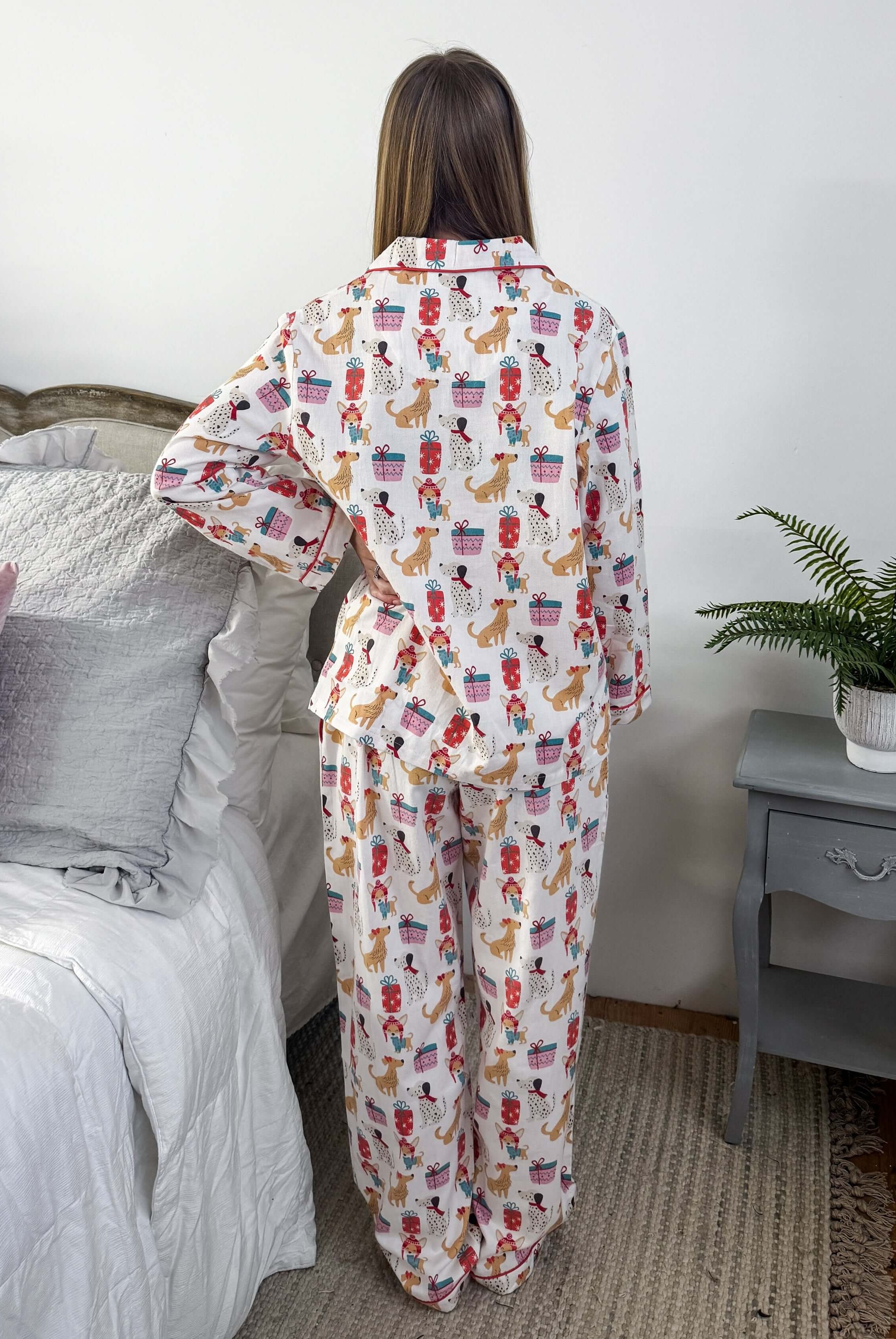 Women's dog print Christmas flannel pajamas button up with straight pant by Mahogany