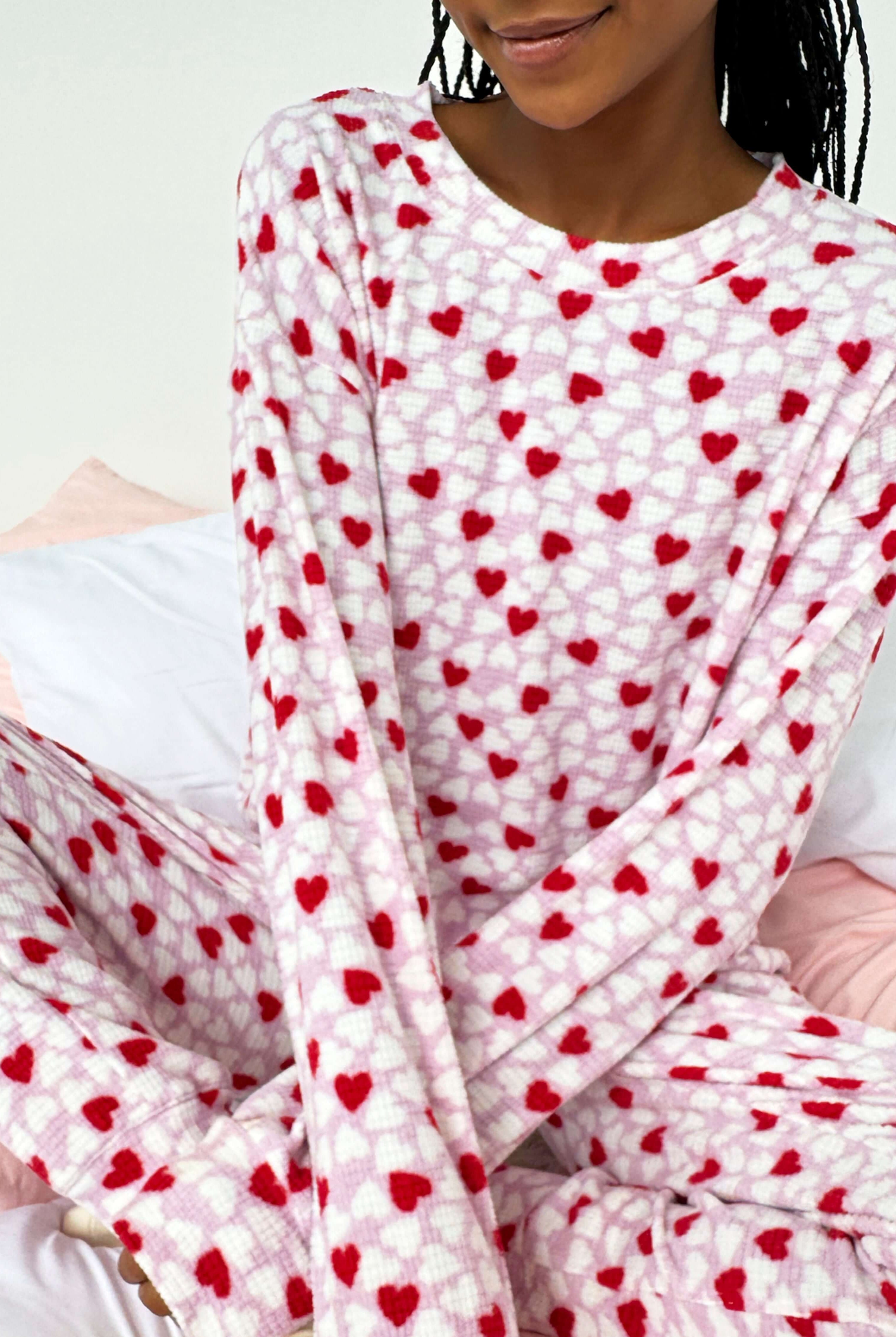 women's soft thermal waffle pajama set with heart print on pink background from Splendid