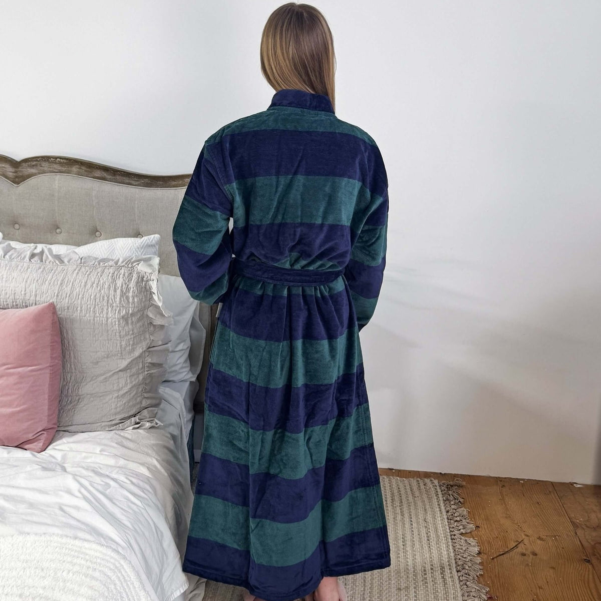 men's striped navy green terry robe CARL ROSS