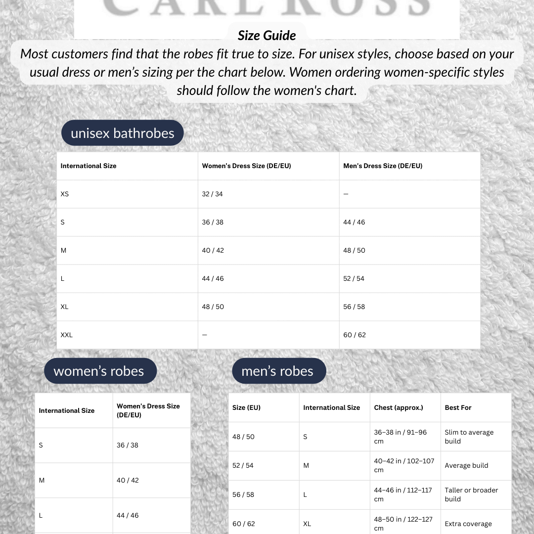 carl ross robes size guide women men unisex