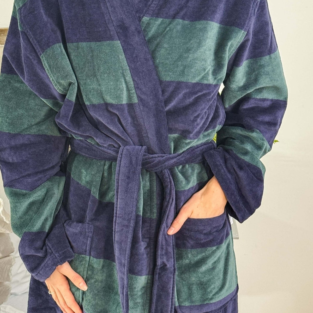 men's striped navy green terry robe CARL ROSS