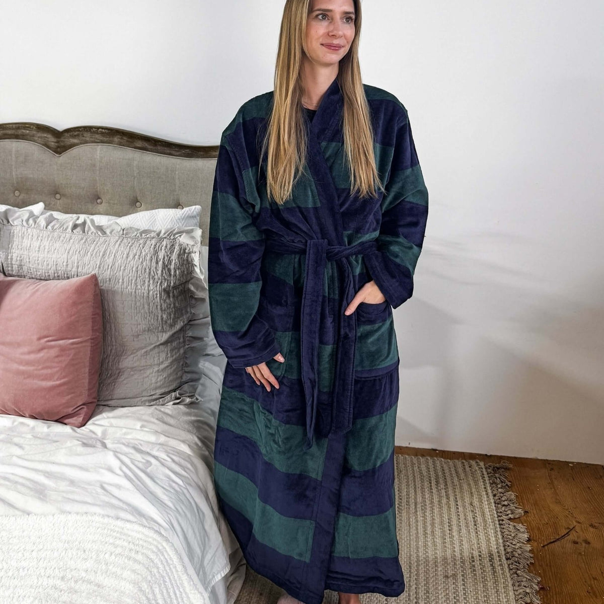 men's striped navy green terry robe CARL ROSS