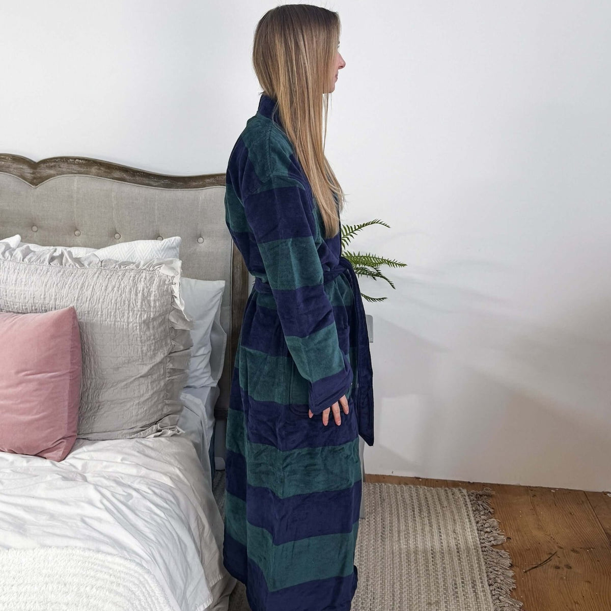 men's striped navy green terry robe CARL ROSS