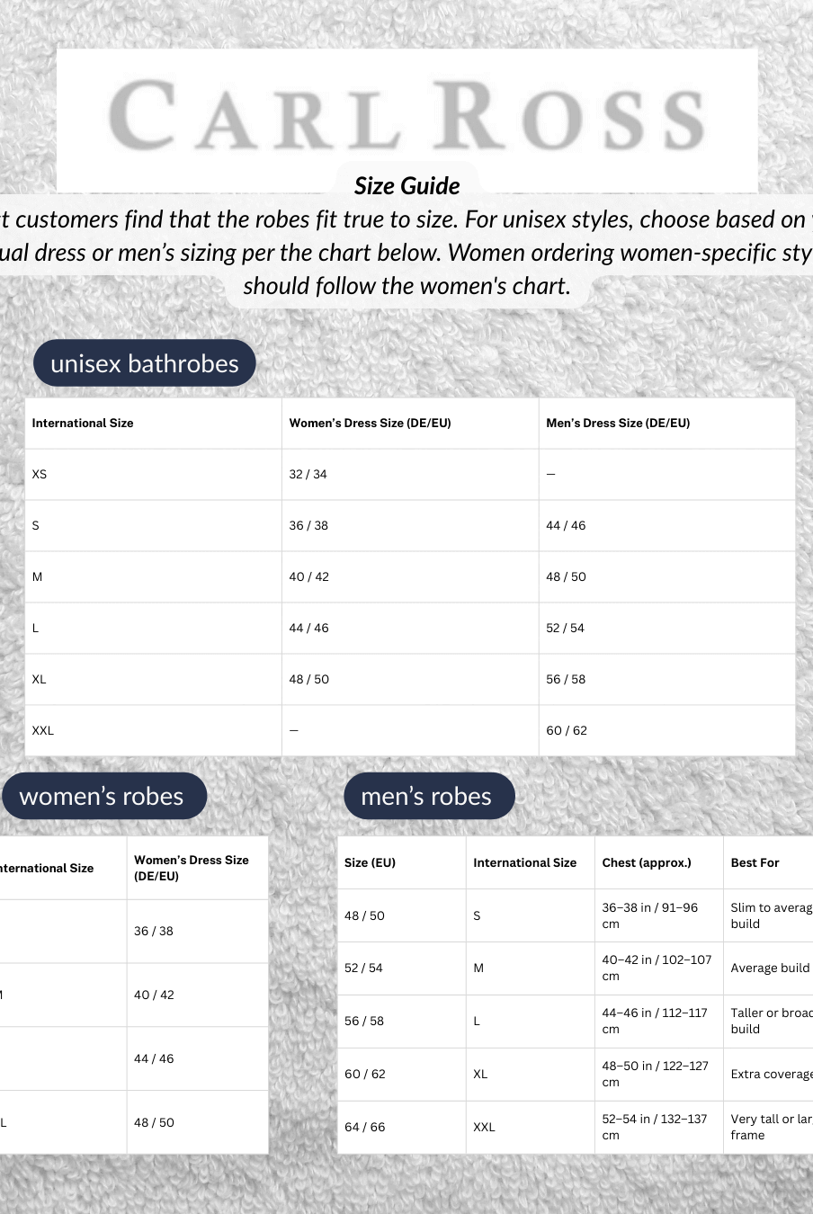 carl ross robes size guide women men unisex