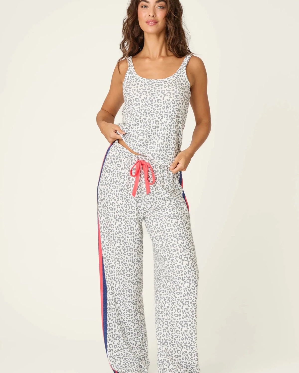 Cat’s Meow Big Stretch Long PJ Set - PJ Salvage - Tank and Straight leg Pant Leopard Print with red racing stripe