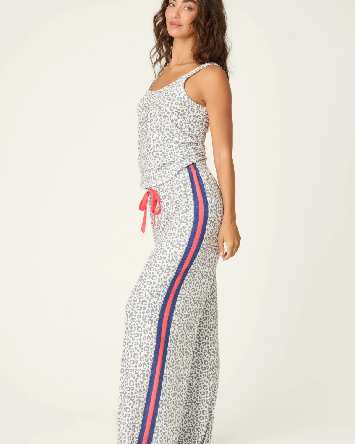 Cat’s Meow Big Stretch Long PJ Set - PJ Salvage - Tank and Straight leg Pant Leopard Print with red racing stripe