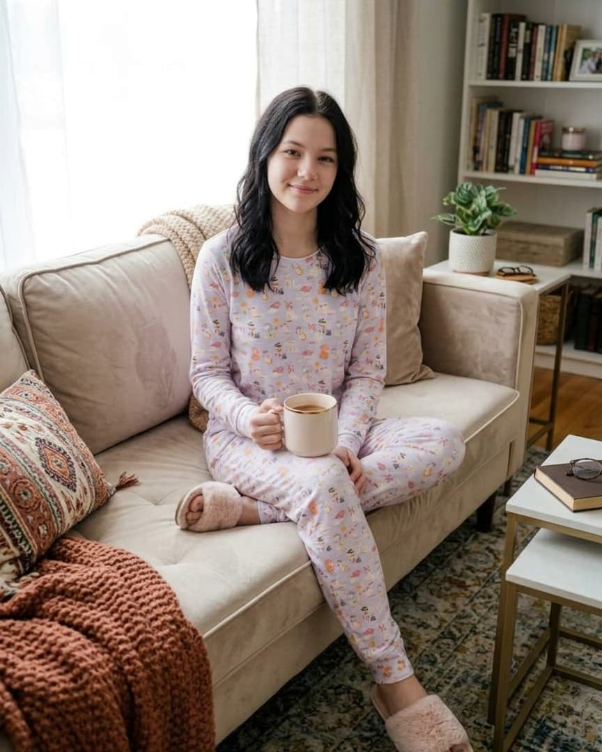 Miranda Nic Catwalk Kitties Purple Velour PJ Set teen lifestyle front view — Cloud Nine Pajamas Edmonton
