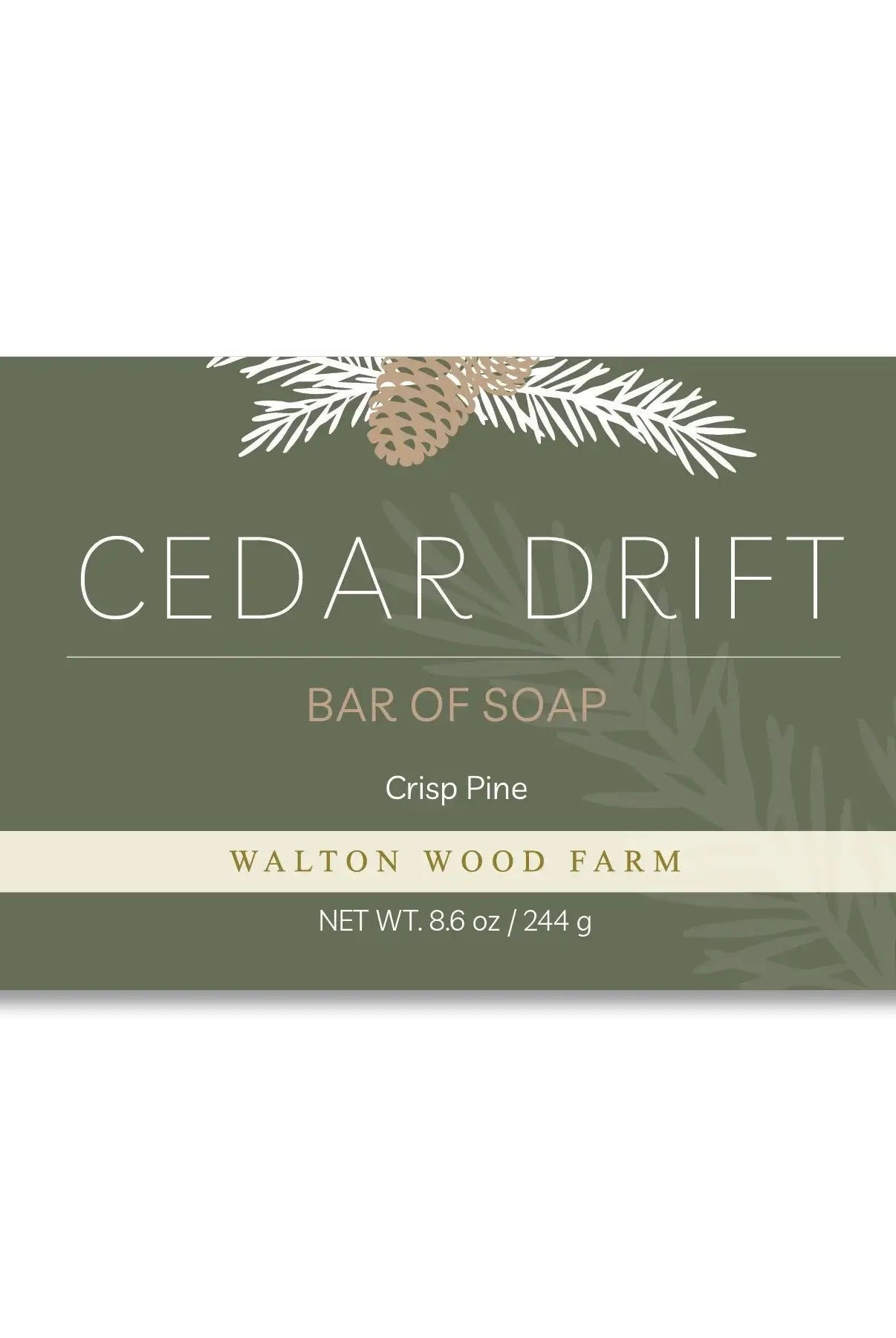 Cedar Drift Bar Soap Bar of soap with 'Cedar Drift' branding on a green background by walton wood farm, pine scent