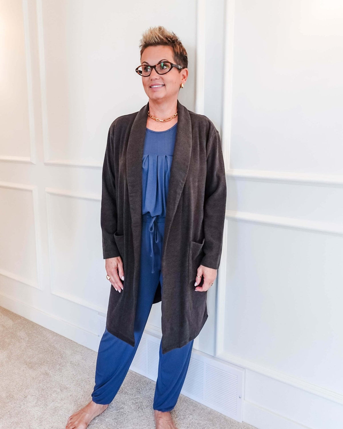 women's structured bamboo blend cardigan long with pockets and collar