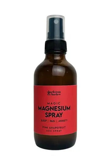 Charleston & Harlow Pink Grapefruit MAGIC Magnesium Spray (4oz.) pink grapefruit scented magnesium spray for sleep, pain and anxiety in a brown glass bottle