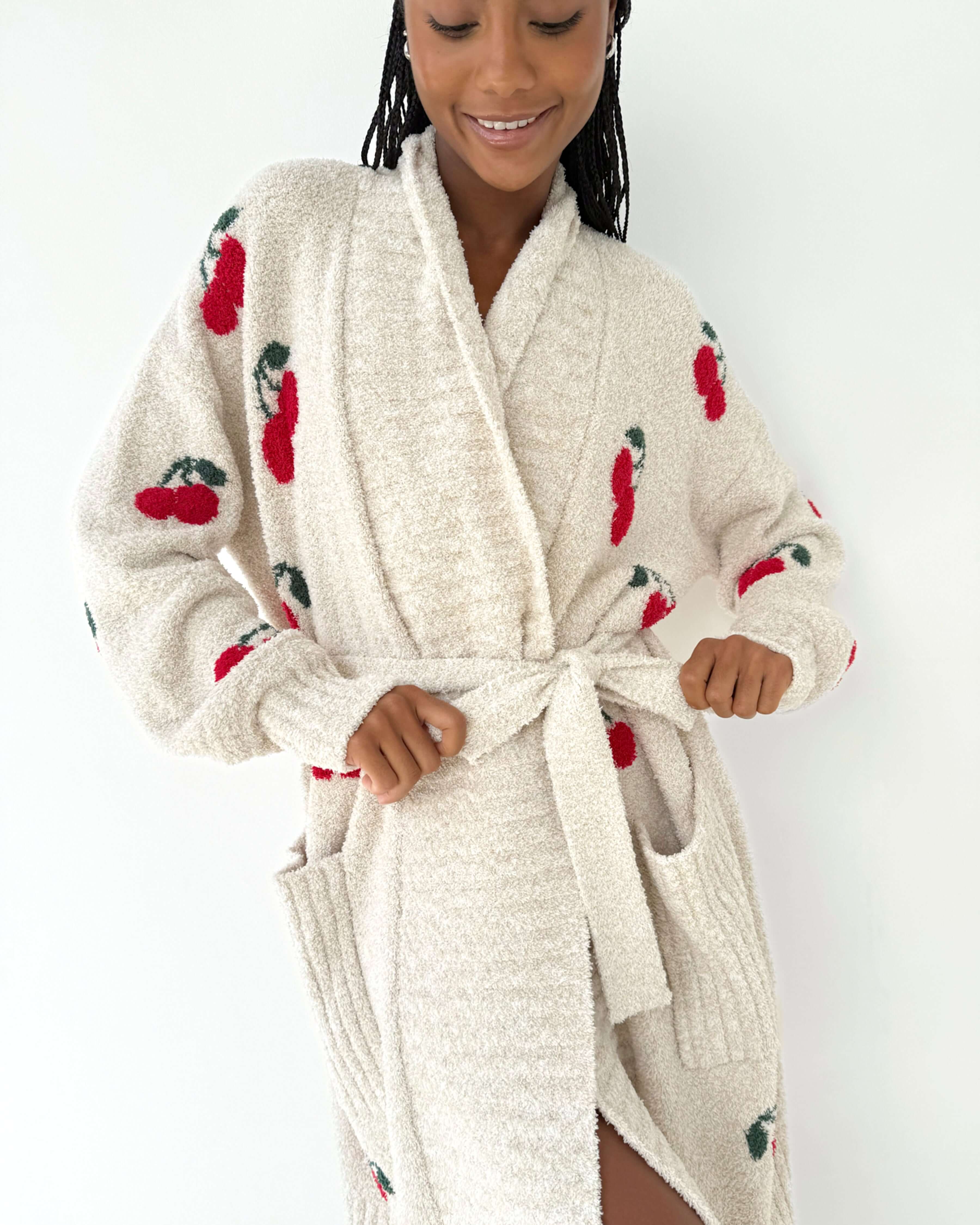 Model wearing Pomona Fuzzy Yarn Robe Splendid with cherry embroidery, showcasing its ultra-soft and cozy loungewear design.