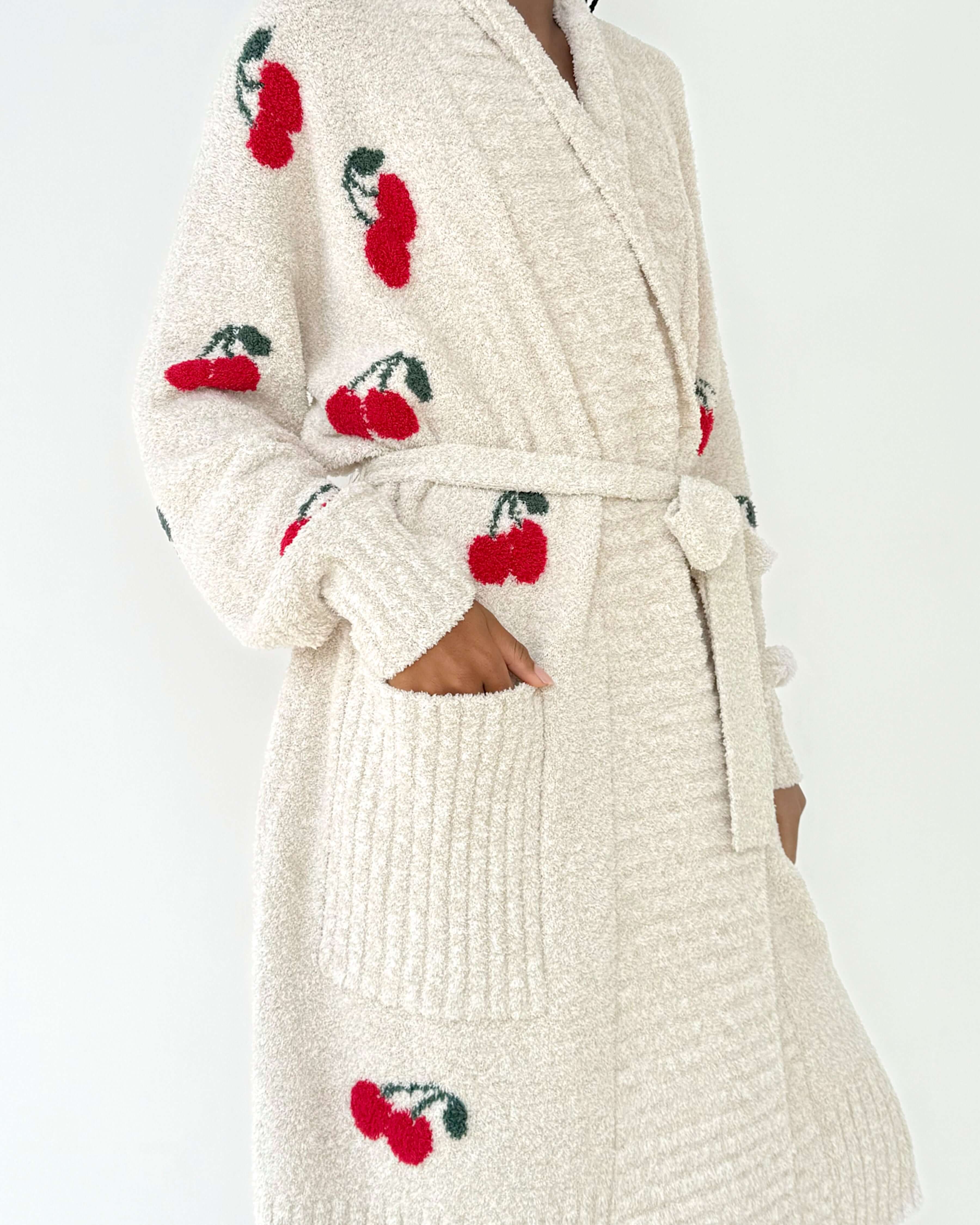 Model wearing the Pomona Fuzzy Yarn Robe Splendid, ultra-soft cozy loungewear with Cherry patterns.