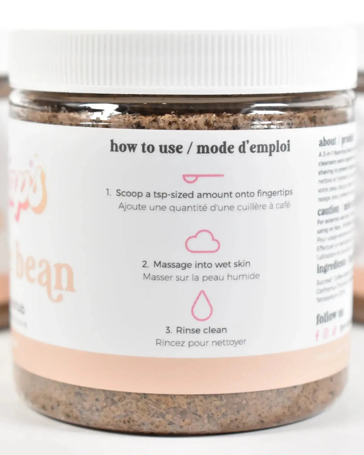 Coffee Bean Sugar Scrub usage instructions on jar for exfoliating and cleansing skin.